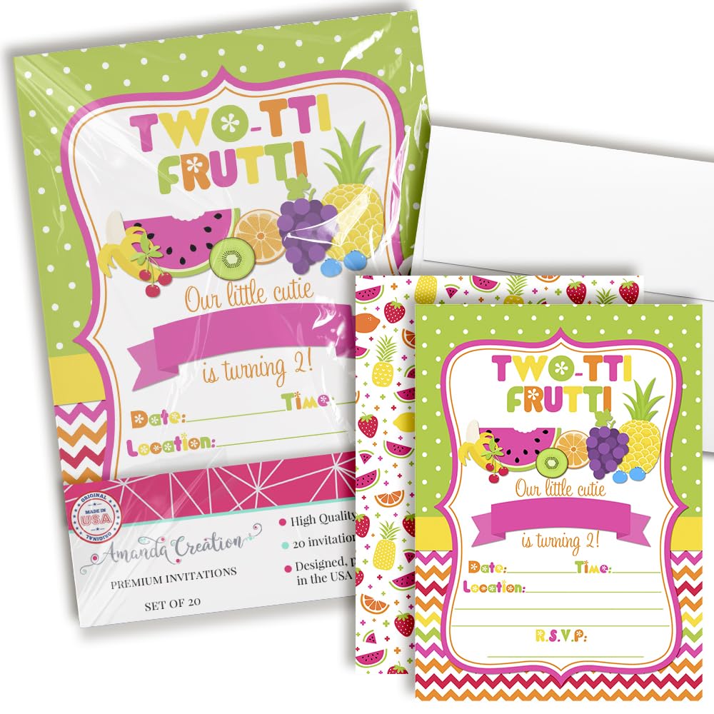 Tutti-Frutti Sweet and Juicy 2nd Birthday Party Invitations, 20 5x7 Fill In Cards with Twenty White Envelopes by AmandaCreation