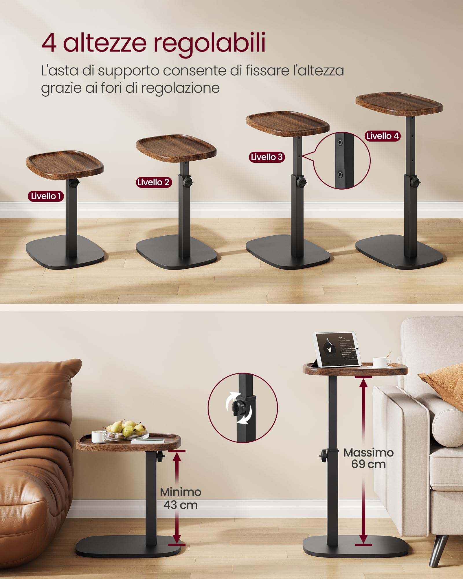 VASAGLE Tavolino a Forma di C, Tavolino da Divano, per Spazi Ridotti, Regolabile in Altezza, per Soggiorno Camera da Letto, 30 x 40 x 69 cm, Marrone Noce e Nero Inchiostro LET363M101
