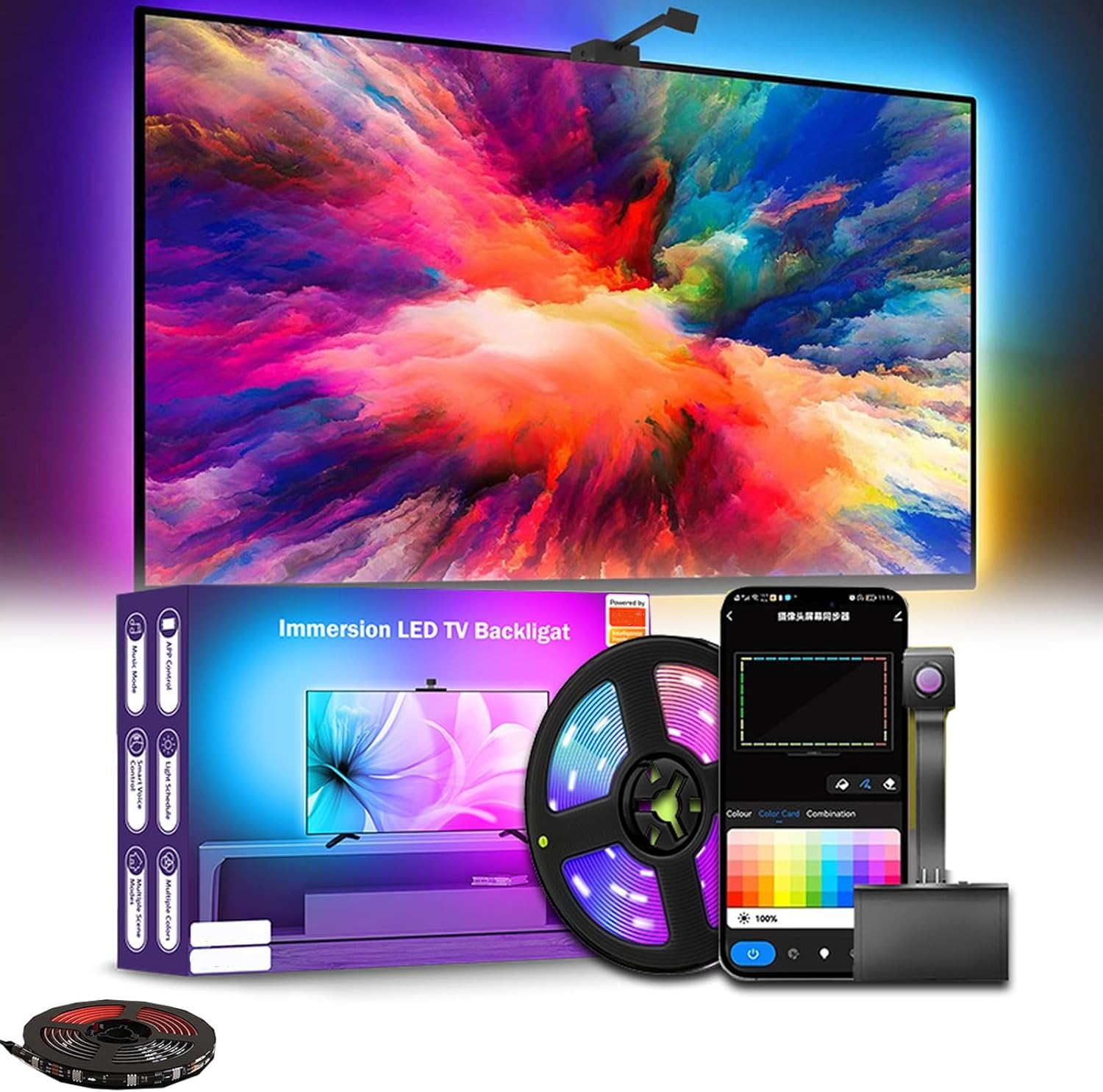 Glowsync HD – Smart LED TV Backlight Strip with Real-Time Screen Sync, LED Strip Lights Sync Color Changing to Game & Music, with App and Remote Control, USB Powered (for 55-65 inch TVs)