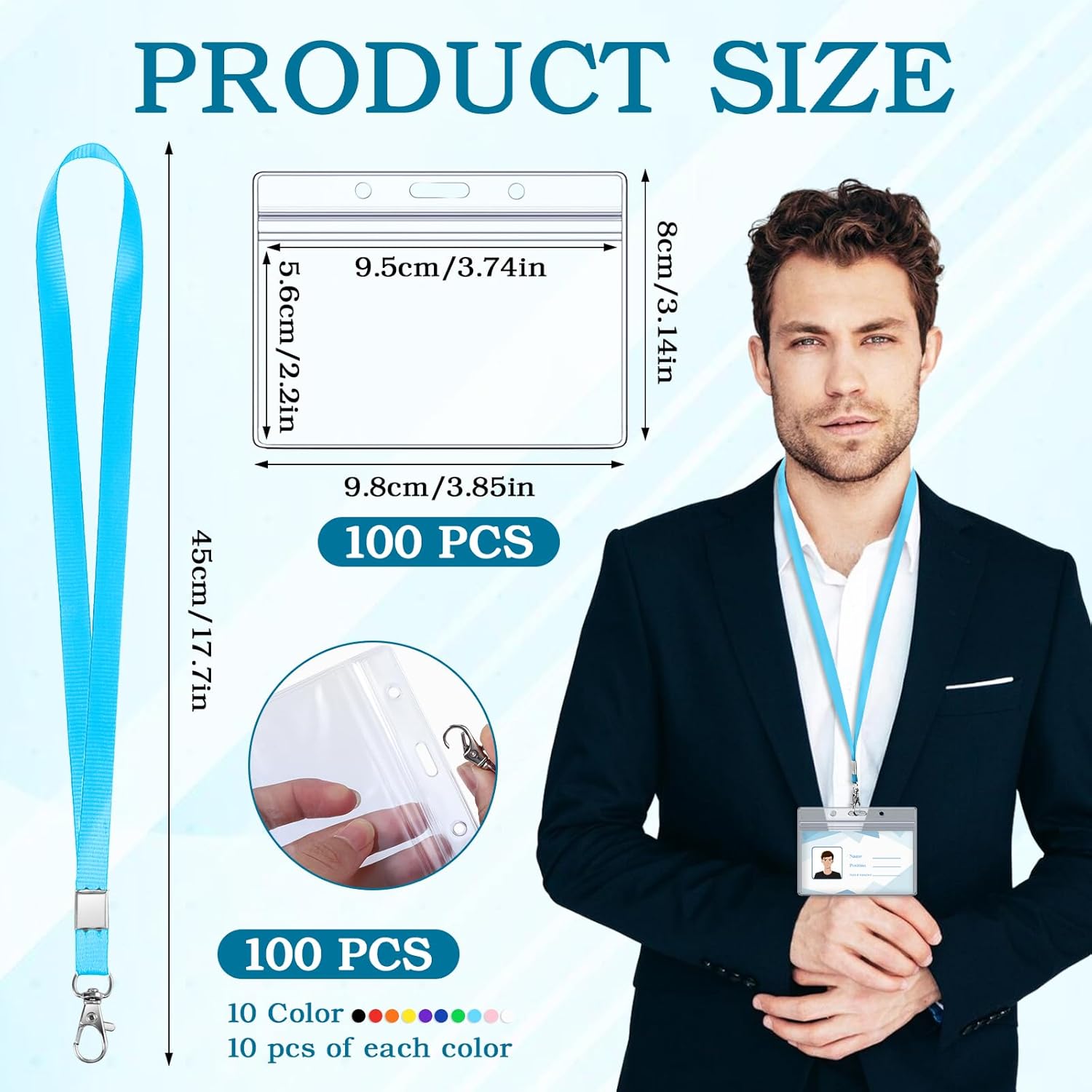 100 Pack Name Tag Lanyards with Id Holder, Clear Plastic Horizontal Name Tags Holders and Black Badge Lanyards with ID Holder for School Office Team Workers Volunteers (Multicolor)