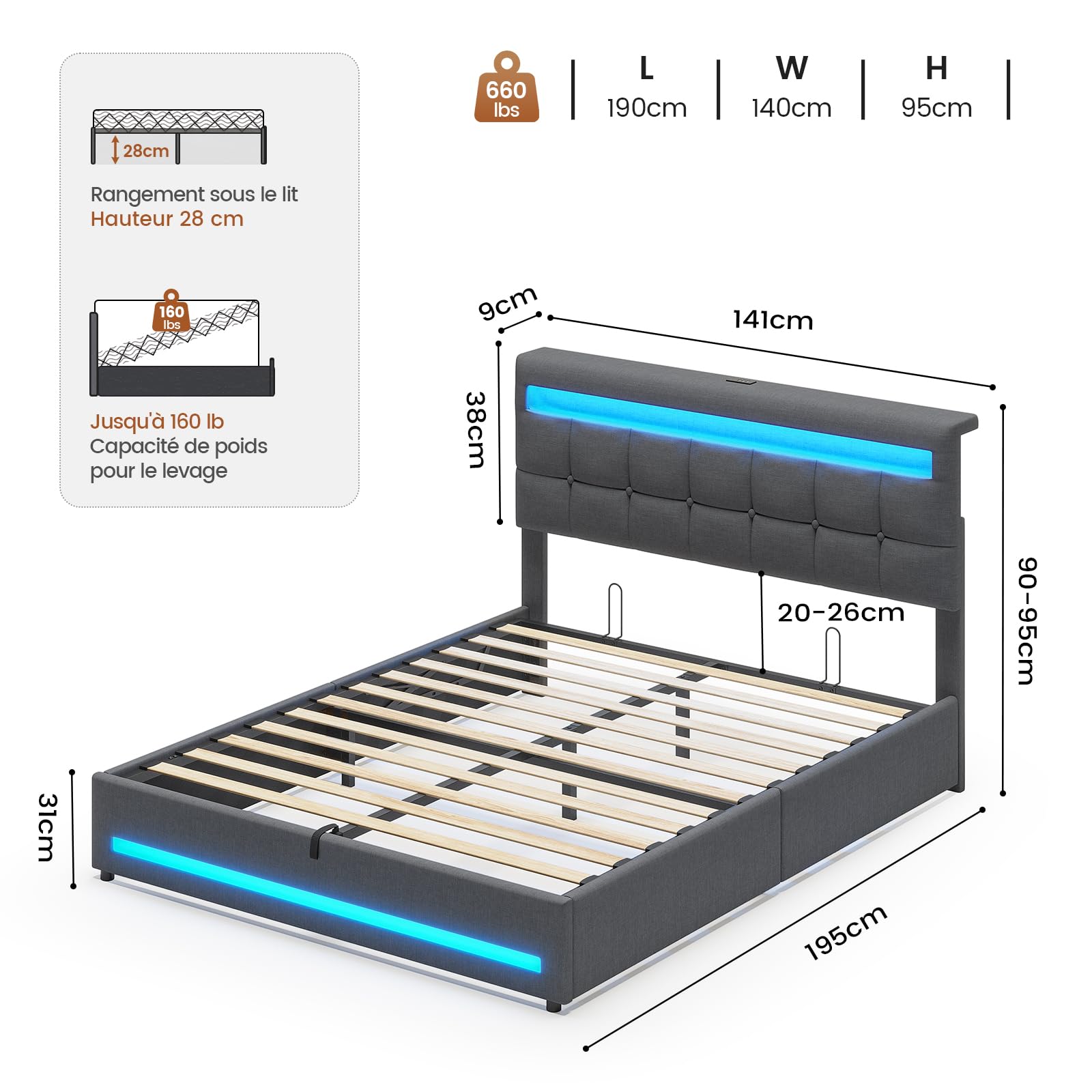 AOGLLATI Lit Coffre 140×190 cm avec LED et Ports USB, Lit Double Rembourré avec Rangement hydraulique, tête de lit réglable en Hauteur, Sommier à Lattes, Facile à Assembler, Gris Foncé（sans Matela）