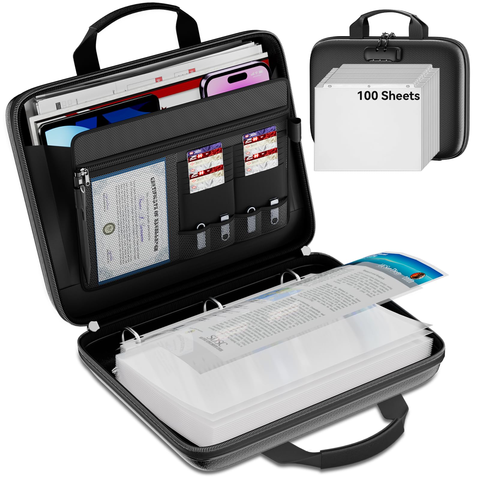 Tamfile Organizer ignifugo con raccoglitore ad anelli a D e 100 protezioni | Custodia rigida per documenti importante, con cerniera e serratura, protezione sicura per casa e ufficio, per formato lettera