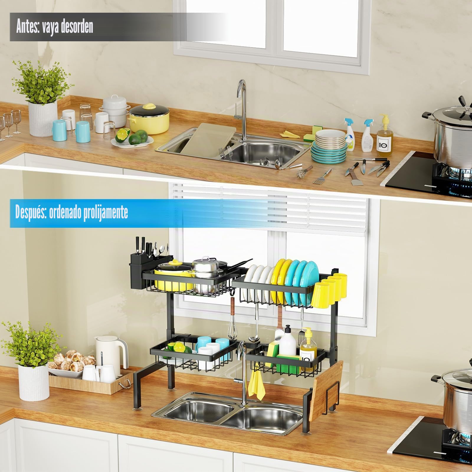 SNSLXH Escurridor de Platos de 2 Niveles, 4 cestas sobre el Fregadero, 67.5 cm-89.9 cm, Estante Grande para Fregadero para Cocina, Extensible y Ajustable, Ahorra Espacio en la Cocina