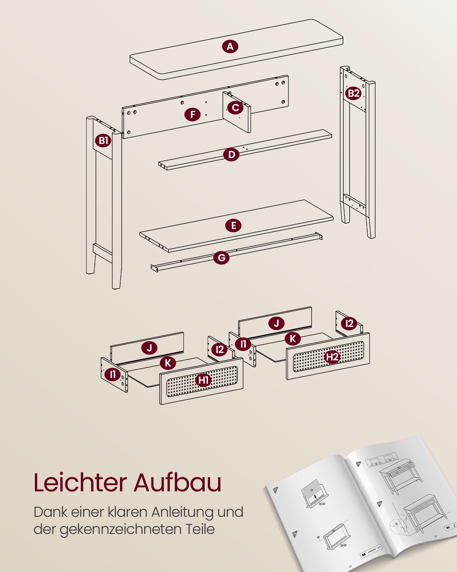 VASAGLE Konsolentisch, Flurtisch, Flur Möbel, schmaler Sofatisch für Wohnzimmer, mit 2 Schubladen, offene Ablage, abgerundete Ecken, Boho-Stil, eichenbeige LNT016Y57