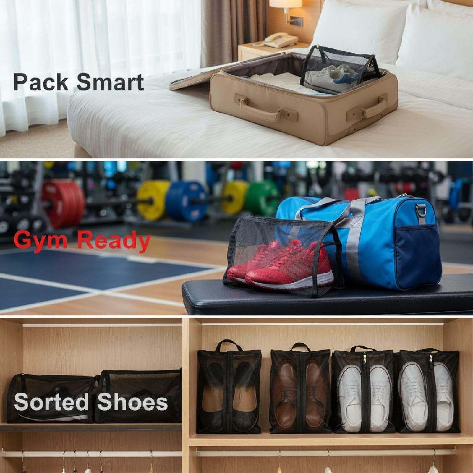 2 STK. Schuhbeutel für Reisen, 40 x 25 cm große Nylon-Schuh-Organizer, tragbar, mit atmungsaktivem Mesh-Design, Unisex Schuh-Aufbewahrungsbeutel, schwarz