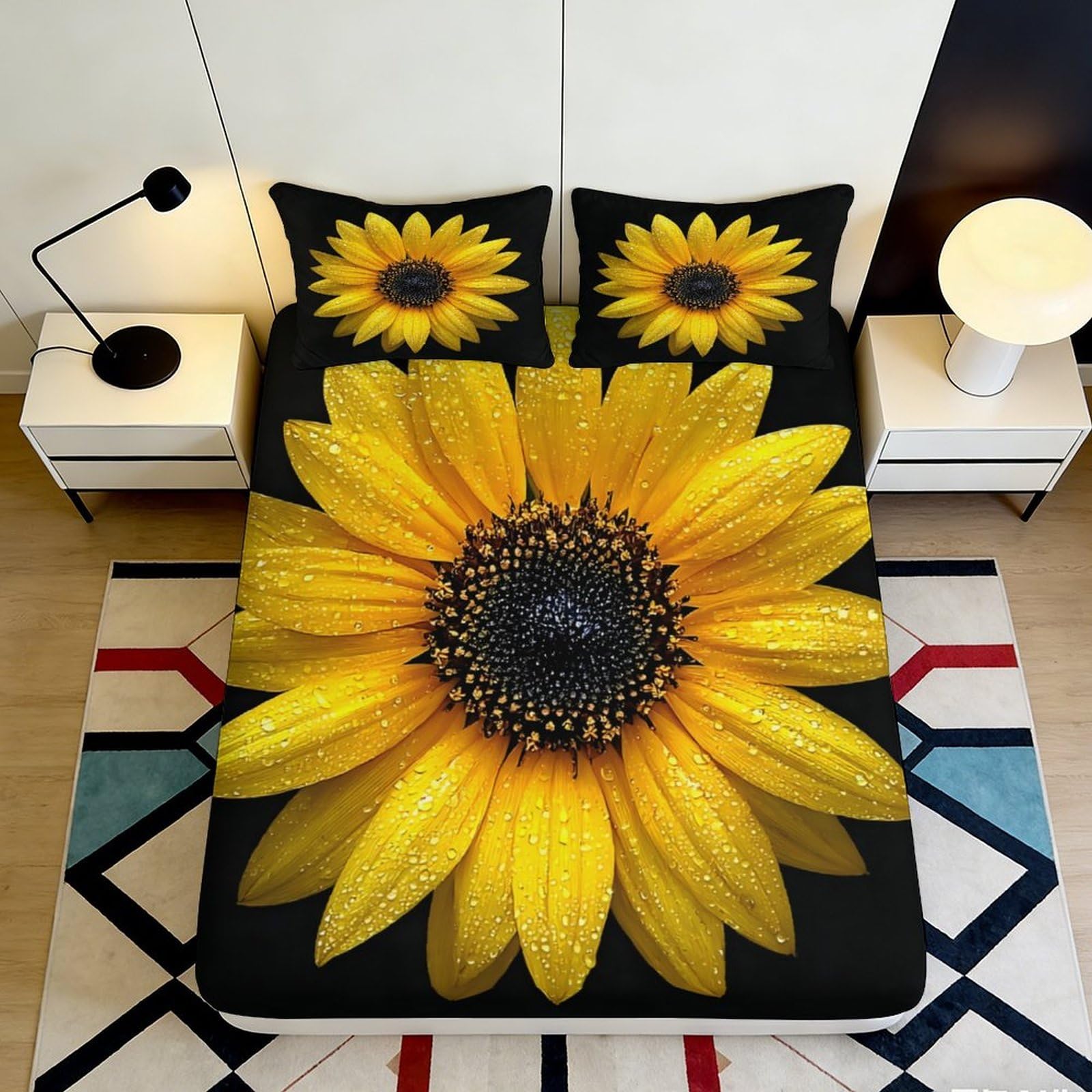 3D Printed Sunflower Fitted Sheet Microfiber Deep Pocket Non-Slip Sunflower Mattress Fitted Cover Bedroom Bedding for Adults 160x200x25cm