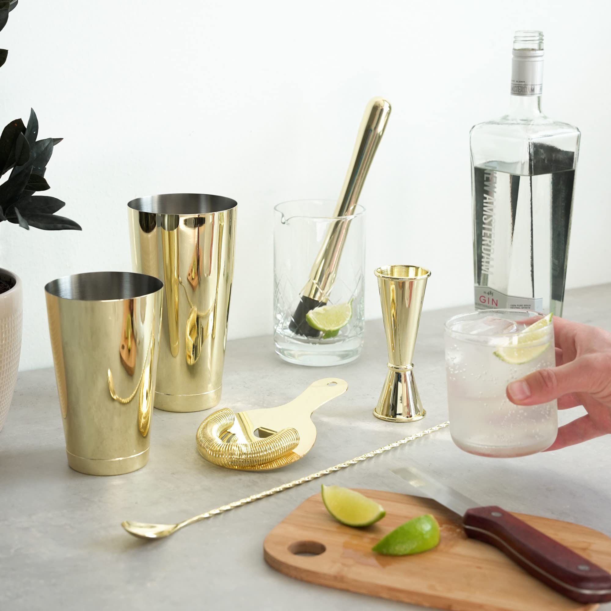 Viski Juego de coctelera Dorada, Juego de Barra Dorada para cócteles, coctelera, Vaso Mezclador, Cuchara y Accesorios de Camarero, Juego de 7 de Acero Inoxidable
