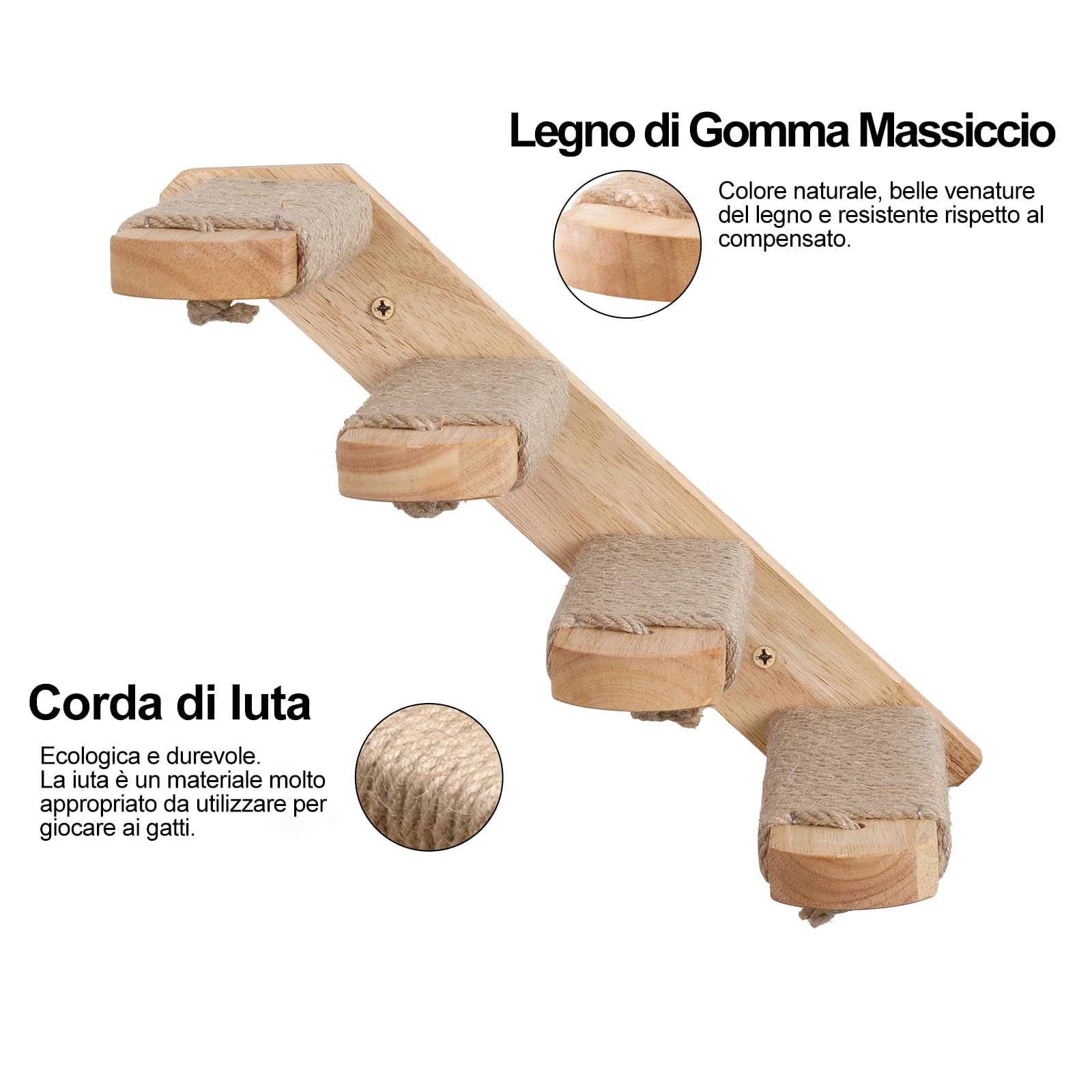 FUKUMARU Parete da Arrampicata per Gatti, 4 Scale e Gradini da Parete per Gatti, Scaletta in Legno Massiccio di Gomma,Con Corda di Iuta per Graffiare per Gatti Fino a 15 kg. da Destra a Sinistra.