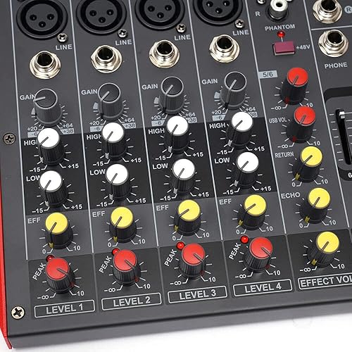 Miniatura 5 de Mezclador de audio profesional Bluetooth DJ - Controlador de DJ de 6 canales, mezclador de sonido, entrada MP3, 48 V, alimentación fantasma, estudio