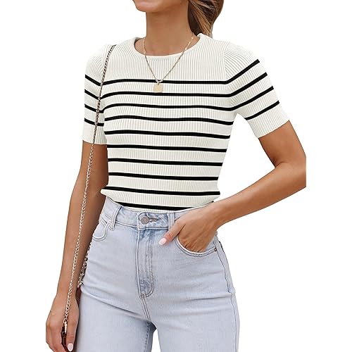 ZESICA Women's Short Sleeve Crewneck Striped T Shirt 2024 Summer Ribbed Knit Slim Fit Casual Basic Tee Tops