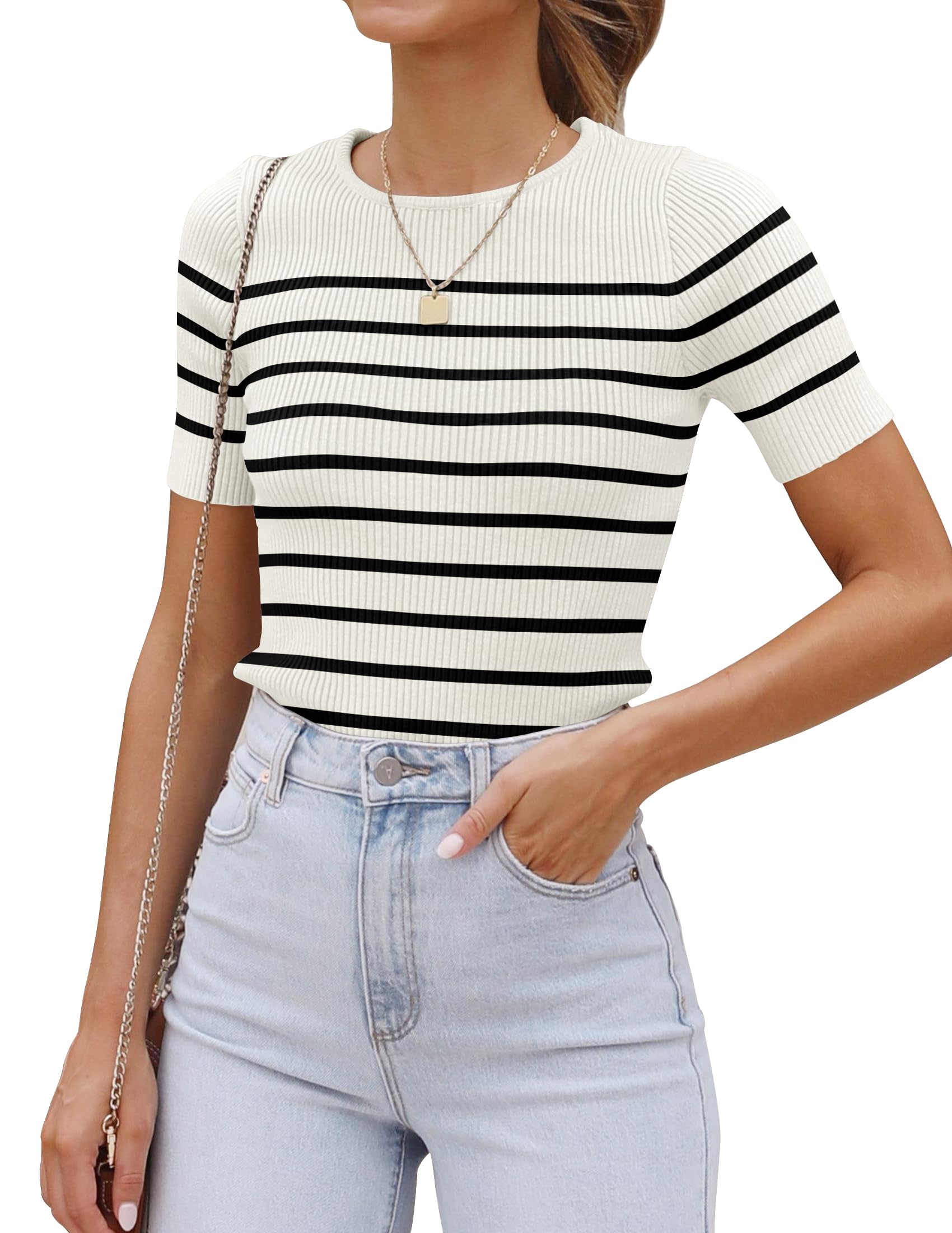 Women's Short Sleeve Crewneck Striped T Shirt 2024 Summer Ribbed Knit Slim Fit Casual Basic Tee Tops