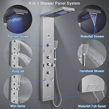 POPFLY LED Rainfall Waterfall Shower Panel Tower System, 4