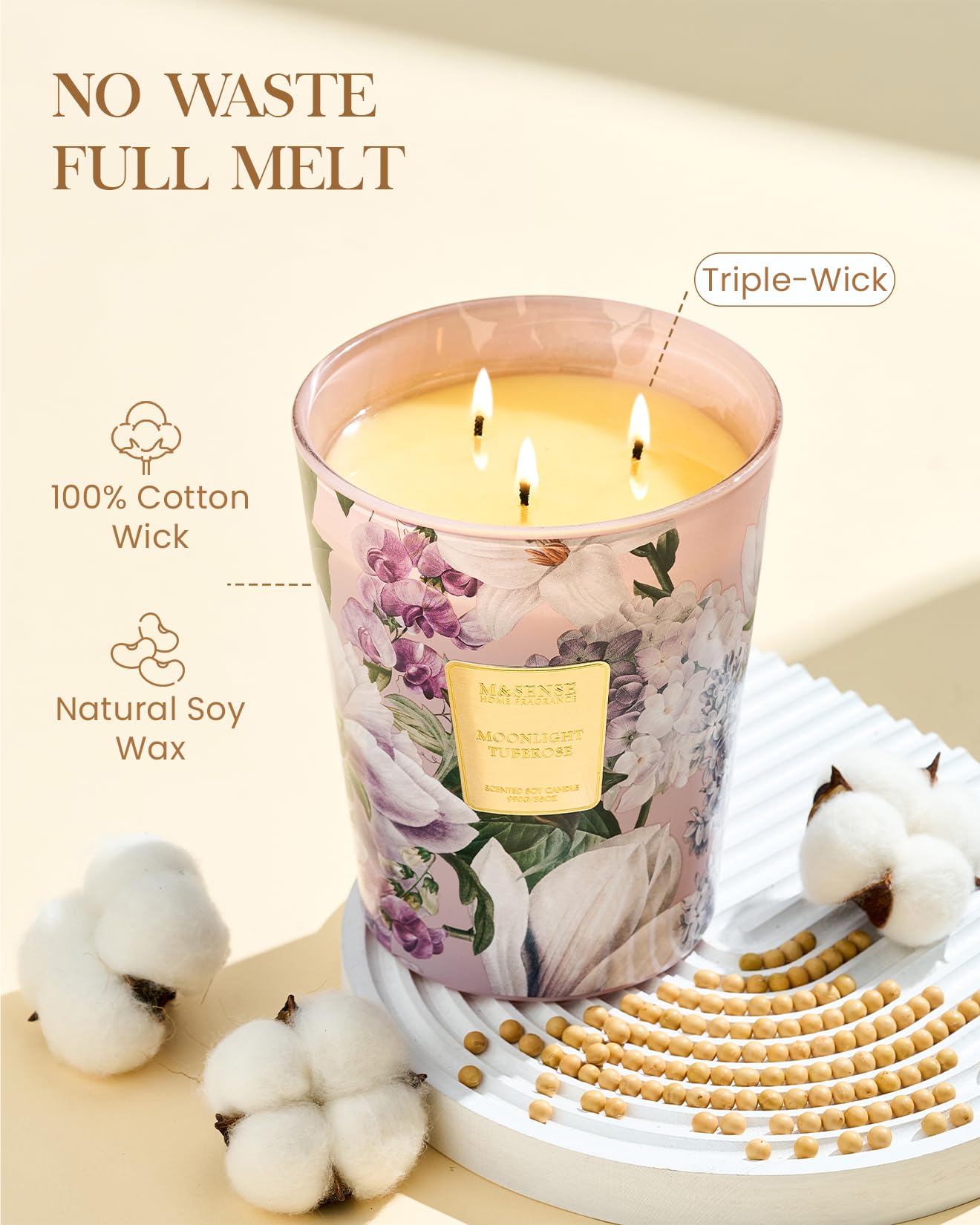 M&SENSE Świeca Zapachowa XXL TropikalnePrzyprawyBrzoskwinia – 990g (3 knoty), 150h, naturalne świece sojowe, aromaterapia, relaks, elegancki prezent dla kobiet