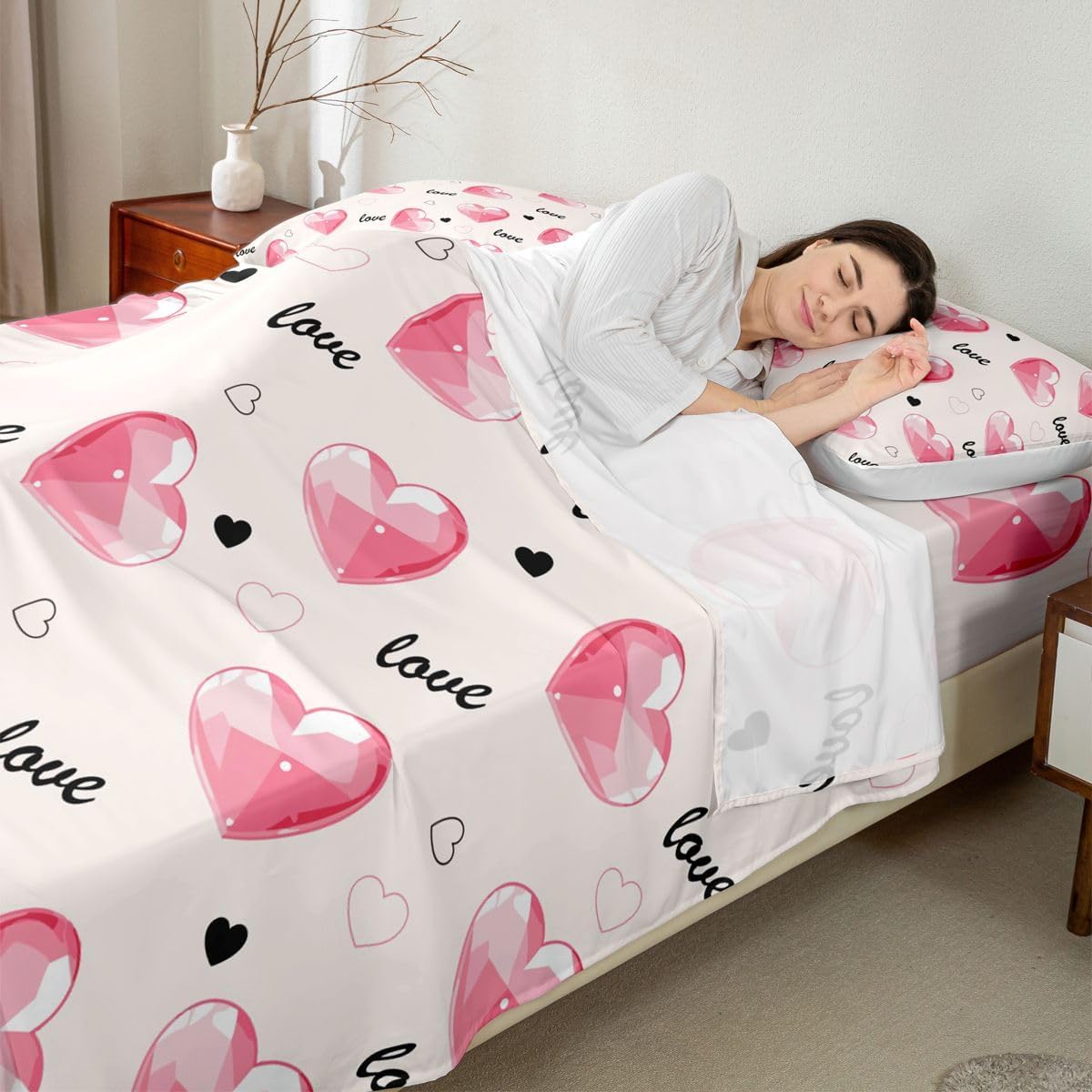 Feelyou Pink Lovely Heart Sheet Set King Size Sweetheart Sheets with Deep Pocket Fitted Sheet for Boys Teens Romantic Bed Sheets Set Breathable Valentine's Day Room Decor