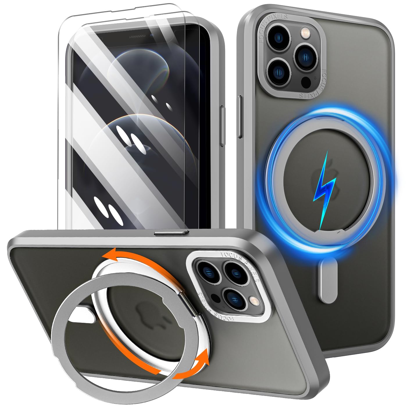 STERKER 360° Rotatable Ring for iPhone 12 Pro Max Case Clear [Compatible with Magnetic][2Pcs Screen Protector] with Stand, Magnetic Ring Holder Slim Case for iPhone 12 Pro Max 6.7", Grey