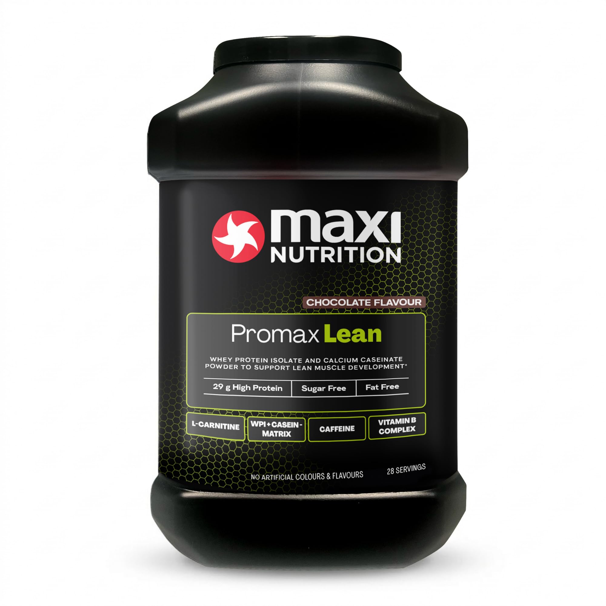 MaxiNutrition - Promax Lean, Chocolate - Whey Protein Isolate Blend + Vitamin B Complex – Sugar and Fat Free, 29g Protein, 127 kcal per Serving, 980g | 28 Servings. NO Artificial Colours OR Flavours