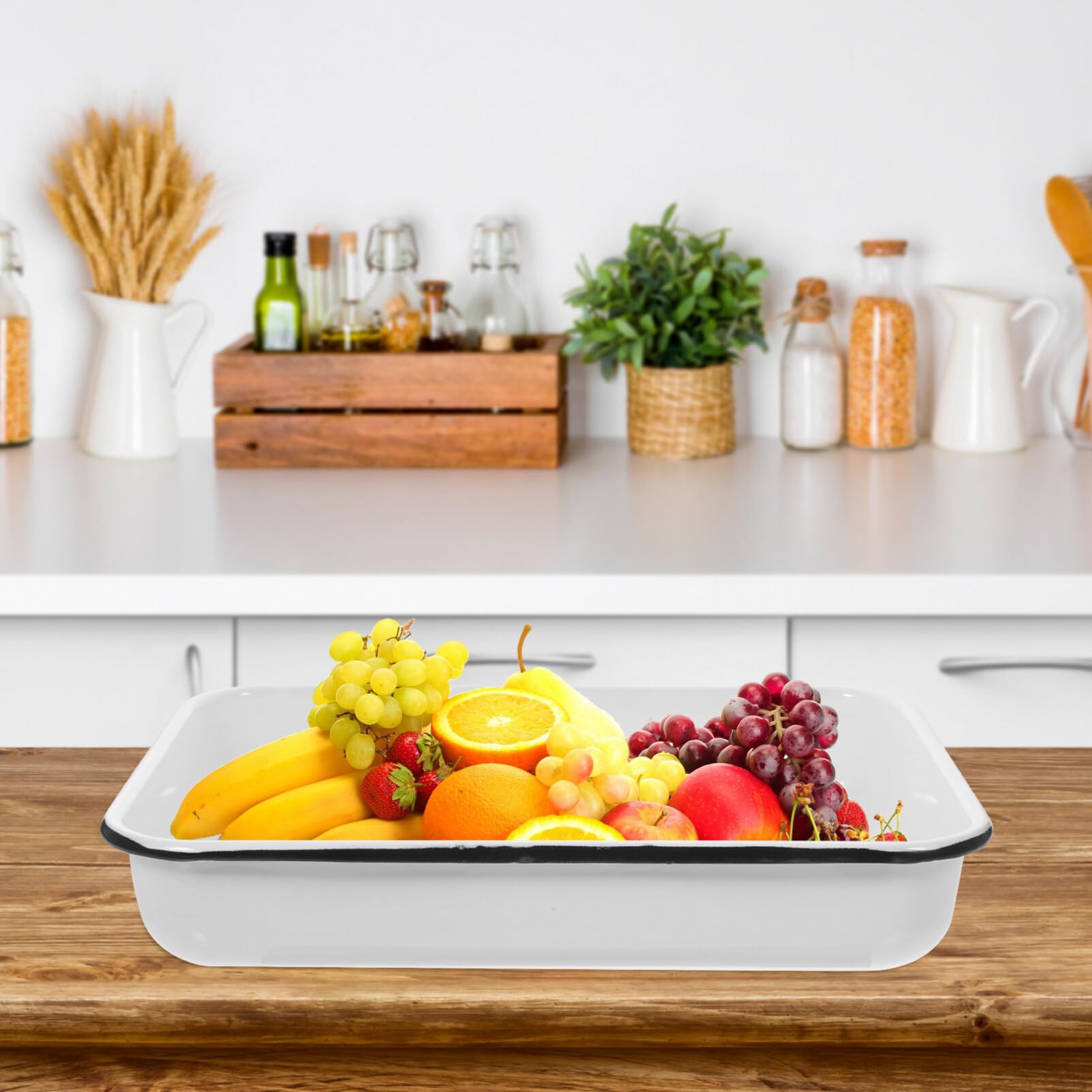 BESTonZON Food Containers Enamel Baking Pan Rectangular Serving Tray Enamelware Lasagna Pan Vintage Roaster Dish Nonstick Pancake Pan for Roasting Baking Cooking Food Tray