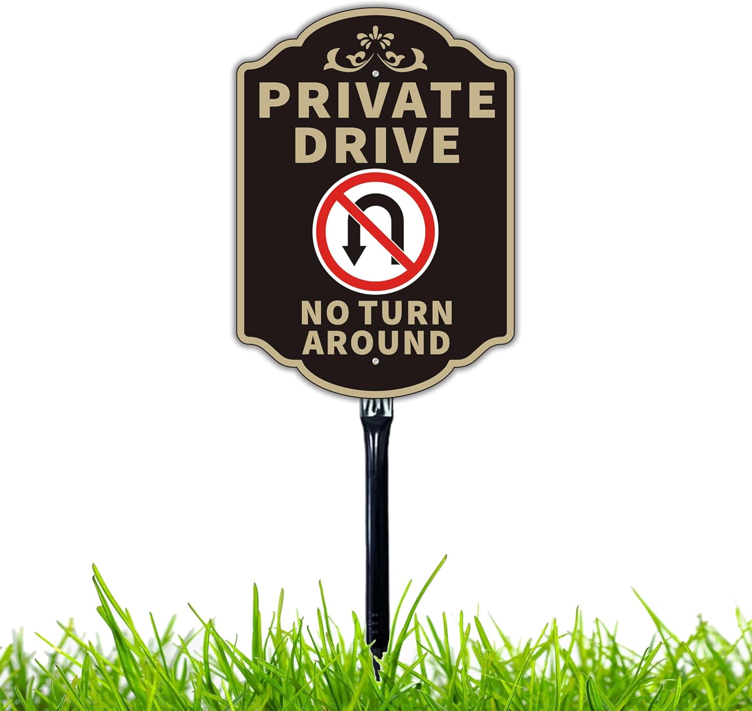 Large Private Drive No Turn Around Sign, 14”x10” Private Road Reflective Warning Signs with 36”Strong Steel Stake Rust Free Heavy Duty Aluminum Easy Installation for Outdoor Use No turn around-Black