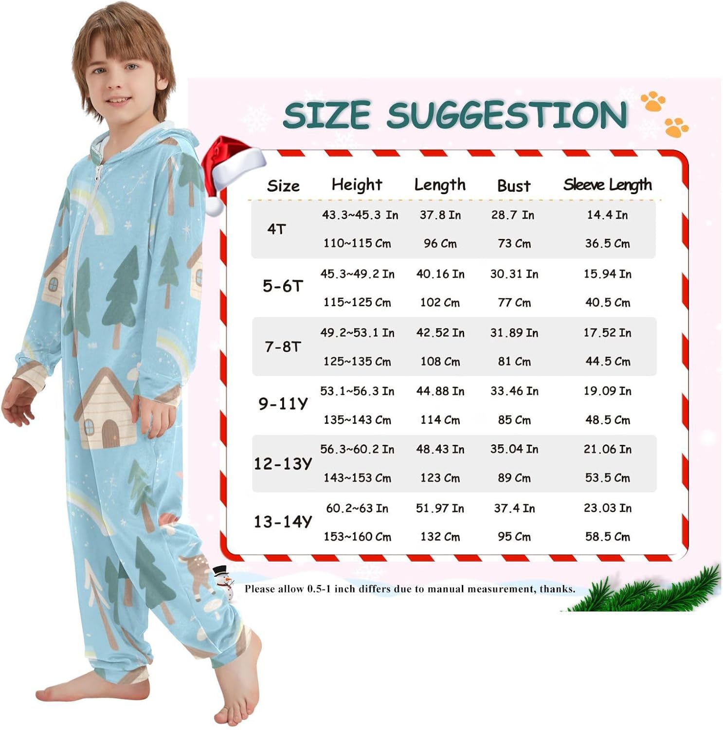 Unisex Pajamas Long Sleeve Hooded Sleepwear Holiday Loungewear for Christmas Home 4-14Y