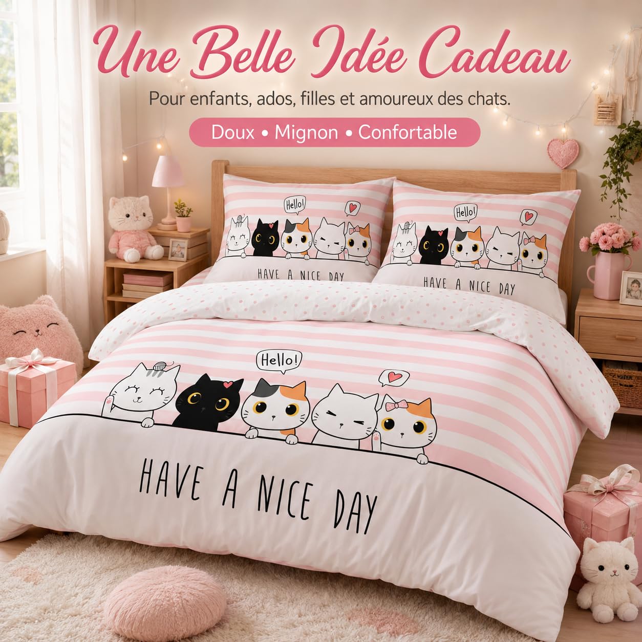 Housse de Couette 140x200 cm Enfant Chat Rose Parure Lit 1 Personne | Parure Fille Réversible Imprimée avec 2 Taies 65x65 cm, Motif Chaton Mignon à Rayures, Microfibre Douce avec Fermeture Éclair