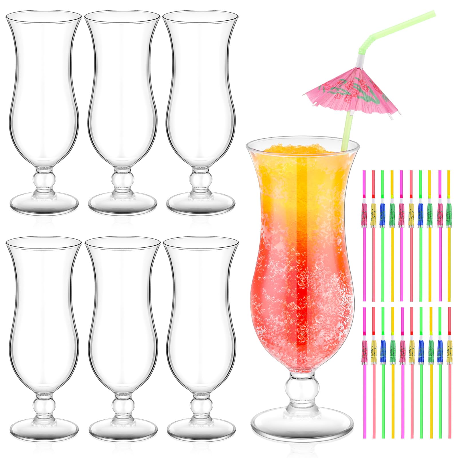 Baderke 6 Pcs Plastic Hurricane Glasses 13.5oz Break Resistant Reusable Plastic Pina Colada Cocktail Glasses Wine Margarita Tropical Beer Juice Beach Party with 20 Pcs Cocktail Straws 26