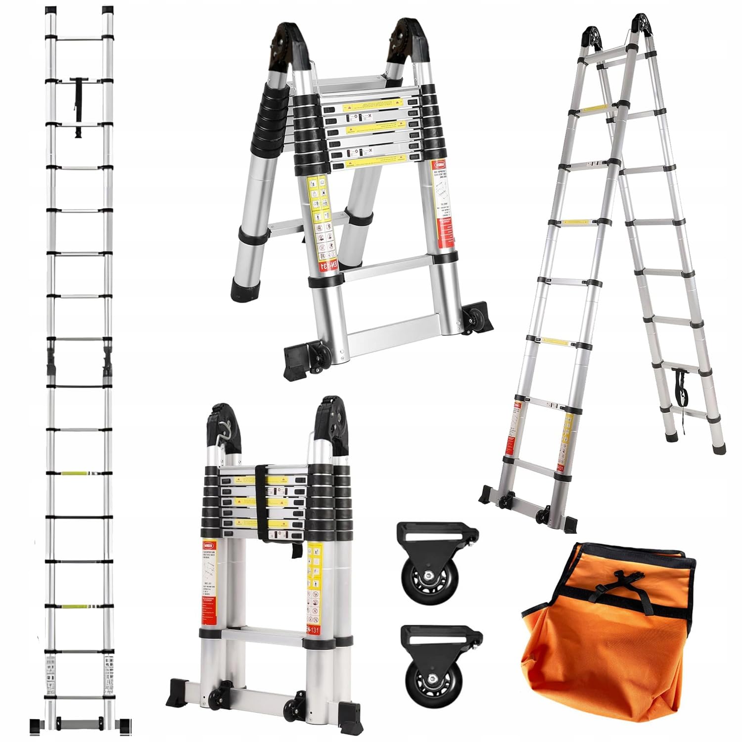 Hooha Teleskopleiter4.2m/5.8m/6.6m Step Ladder für Wohnmobil Wohnmobil-Leiter für Reisen Aluminium Ausziehleiter Strapazierfähig rutschfeste mit Räder für Dachboden Max Belastung Tragkraft 150 kg