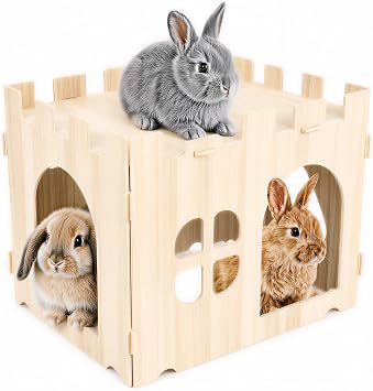 Large Rabbit House and Hideouts, Wooden Bunny Castle Detachable Bunny Play House Rabbits Hideaway for Indoor Rabbit Hamster Hedgehog Guinea Pig Chinchilla Habitat 40x30x30cm