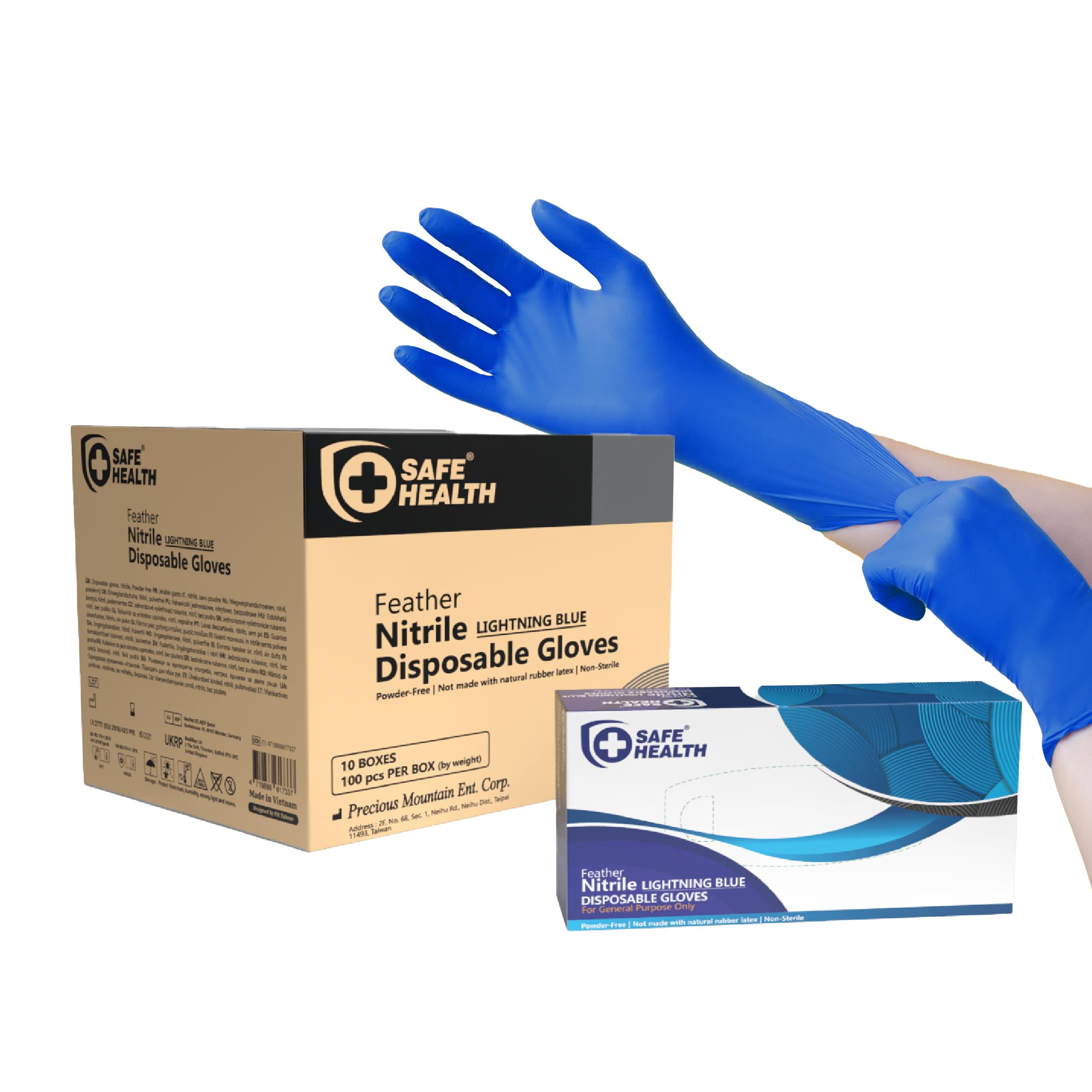 Safe Health Nitrile Disposable Gloves, 2.2 Mil, Ultra Thin, Industrial, Powder Free, Latex Free, Lightning Blue