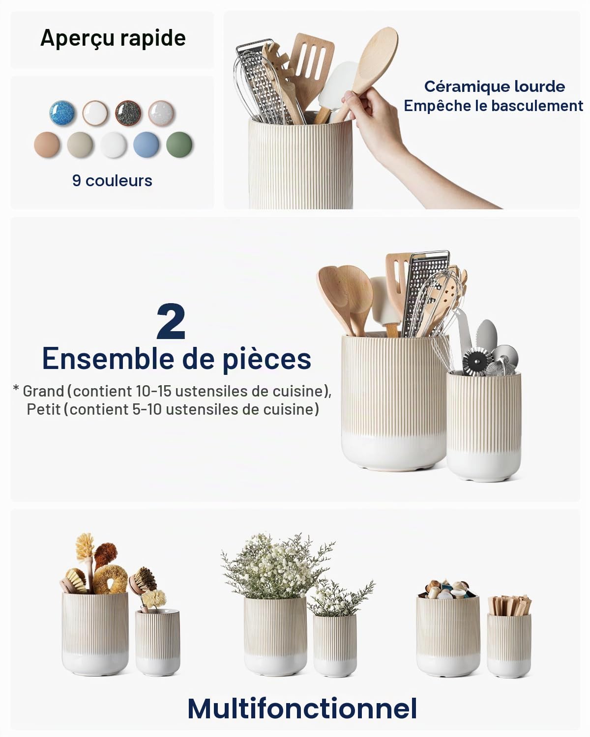 LE TAUCI Porte-ustensiles, 18,5+14cm Céramique Pot à Ustensiles de Cuisine, Grand Organisateur de Plan de Travail pour Spatules, Lot de 2, Blanc Arctique Réactif