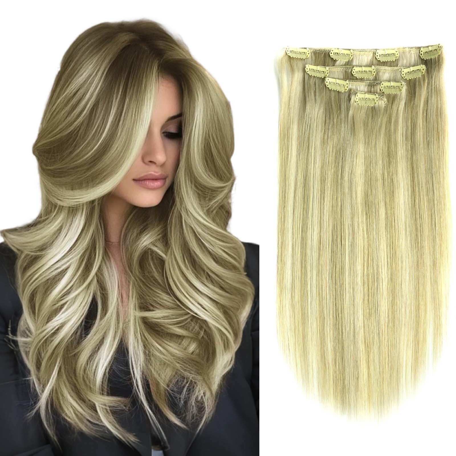 16 =70G, Ash Blonde/Lightest Blonde #18/613: Geelook Clip In Hair Extensions 16" Double Weft 100% Remy Human Hair Grade 7A Quality Thick Long Soft Silky Straight 4Pcs 10Clips Fo