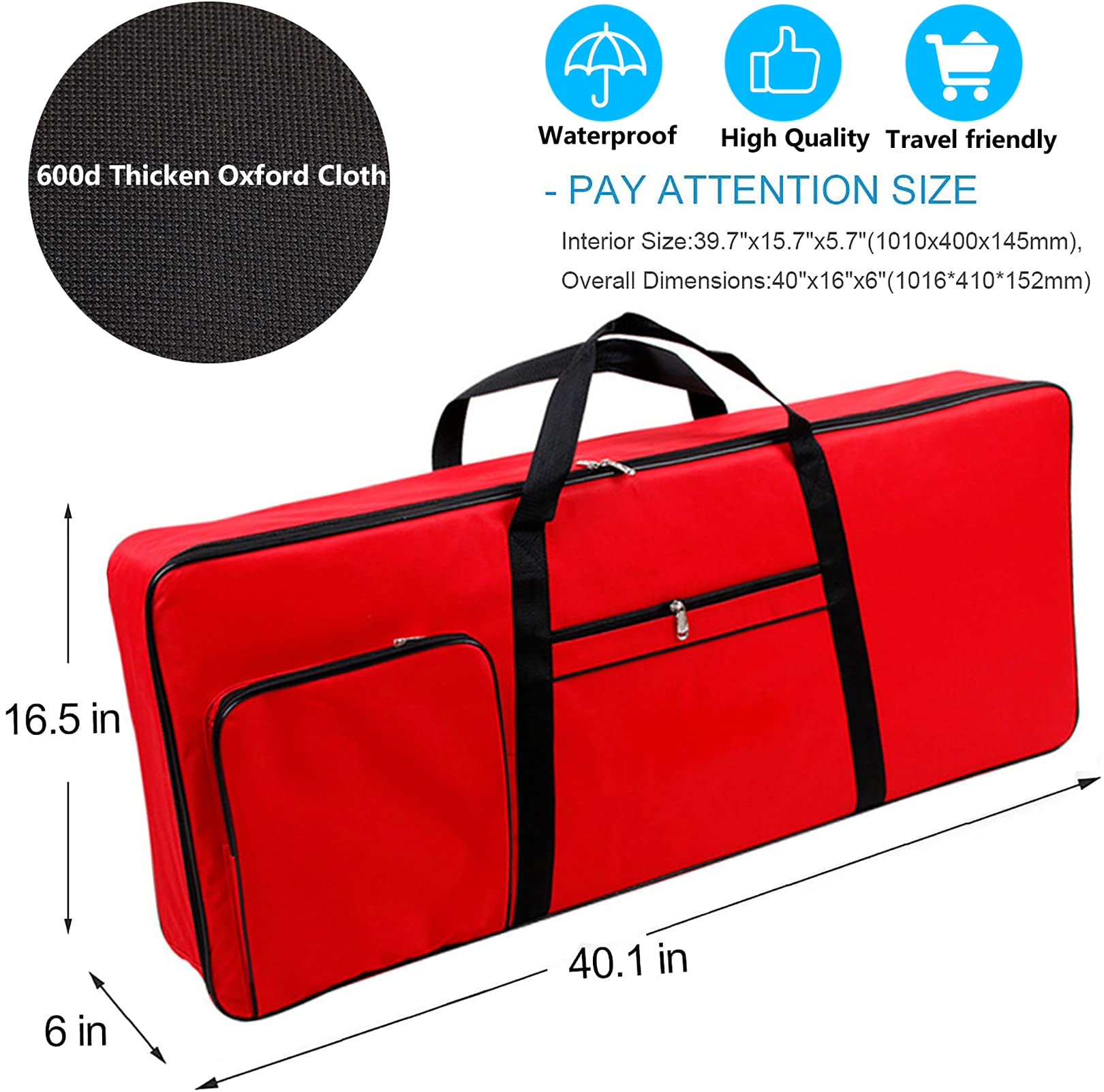 Vilihkc Gigbag für 61 Tasten, tragbar, langlebig, wasserdicht, 600D-Oxford-Stoff mit 10 mm Baumwolle, gepolsterte Tasche, Gigbag, 101,6 x 40,6 x 15,2 cm, Rot, Für Reisen