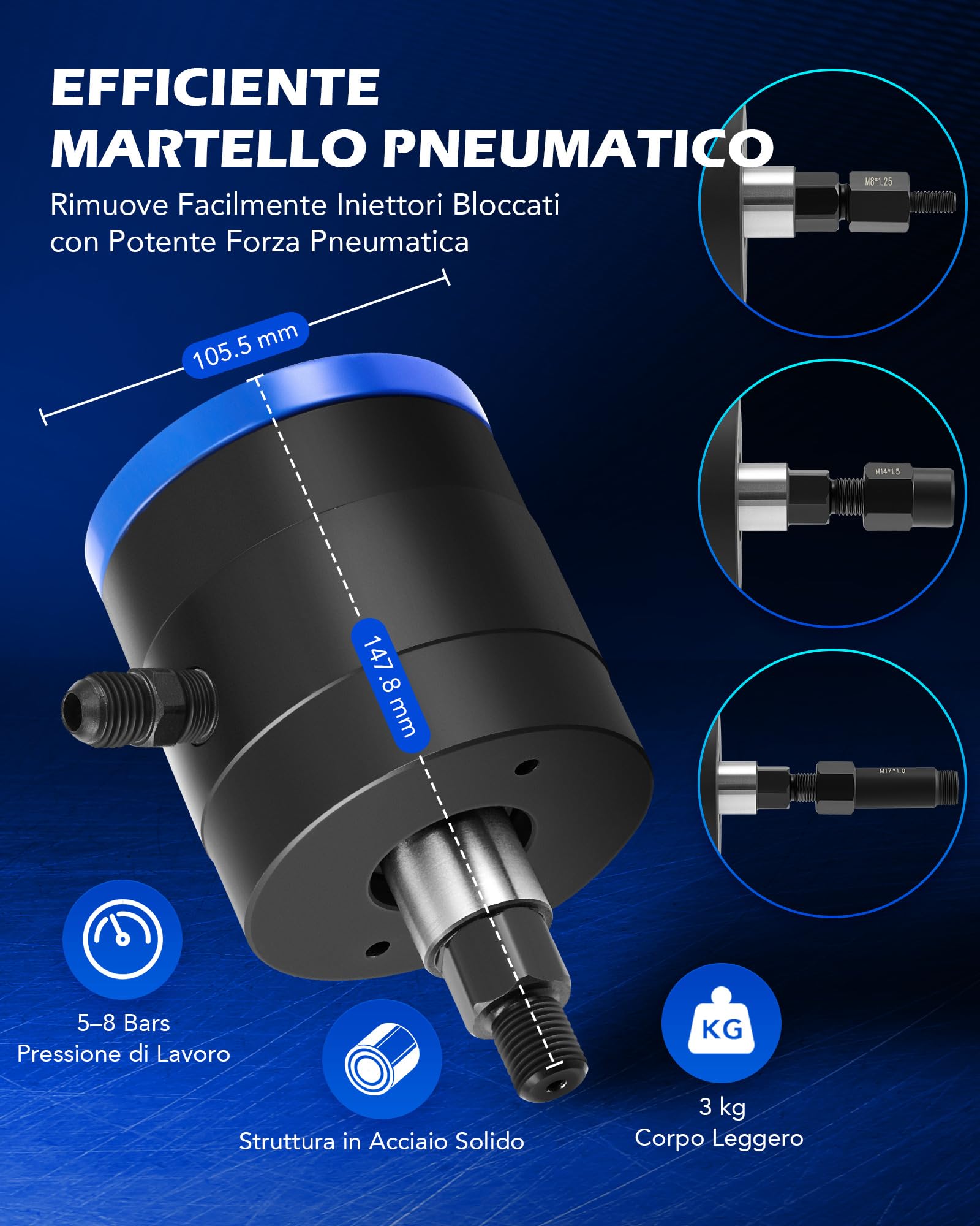 Orion Motor Tech 24 Pezzi Estrattore Pneumatico per Iniettori Diesel per Rimuovere Iniettori a Vibrazione d'Aria da 5-8 Bar con Martello Estrattore, 19 Adattatori, Tubo di Prolunga e EU US Connettori