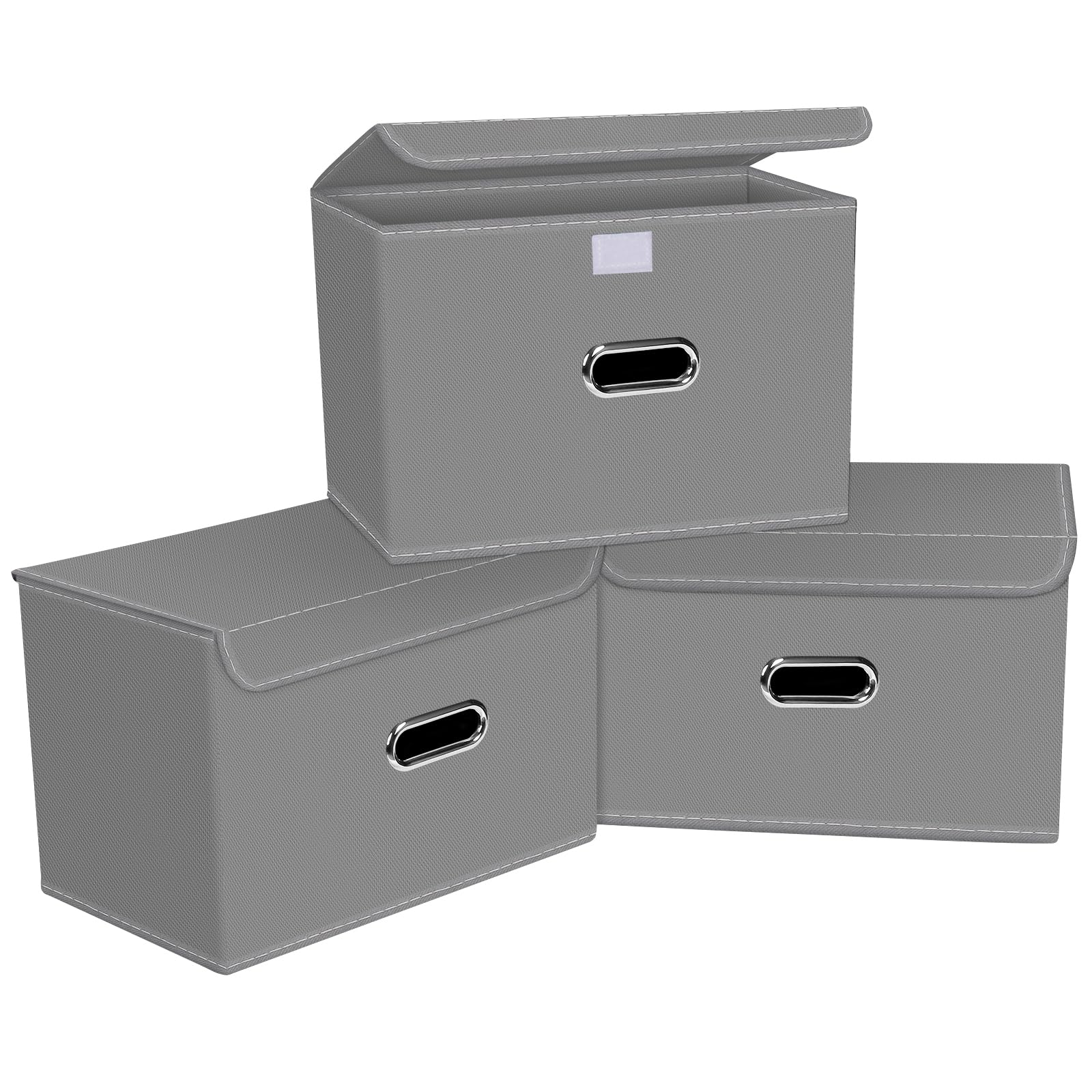 Linen Fabric Foldable Collapsible Storage Cube Bin Organizer Basket with Lid, Leather Handles, Removable Divider for Home, Closet (Grey, 3Pcs)