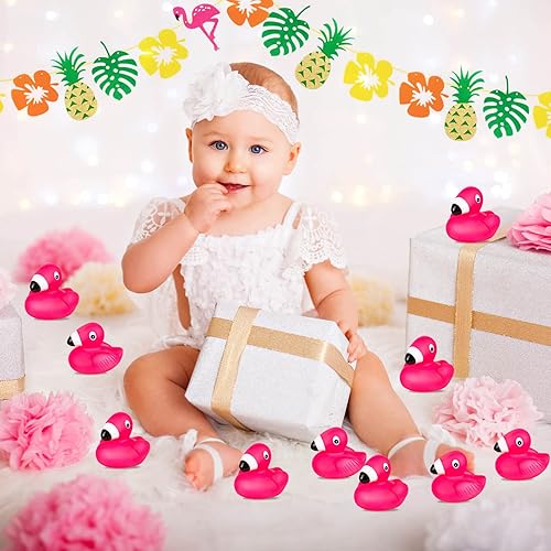 Miniatura 7 de Patos de goma flamencos para niños, 50 juguetes de baño de pato flamenco rosa, lindos patos de goma flotantes chirriantes para baby shower,