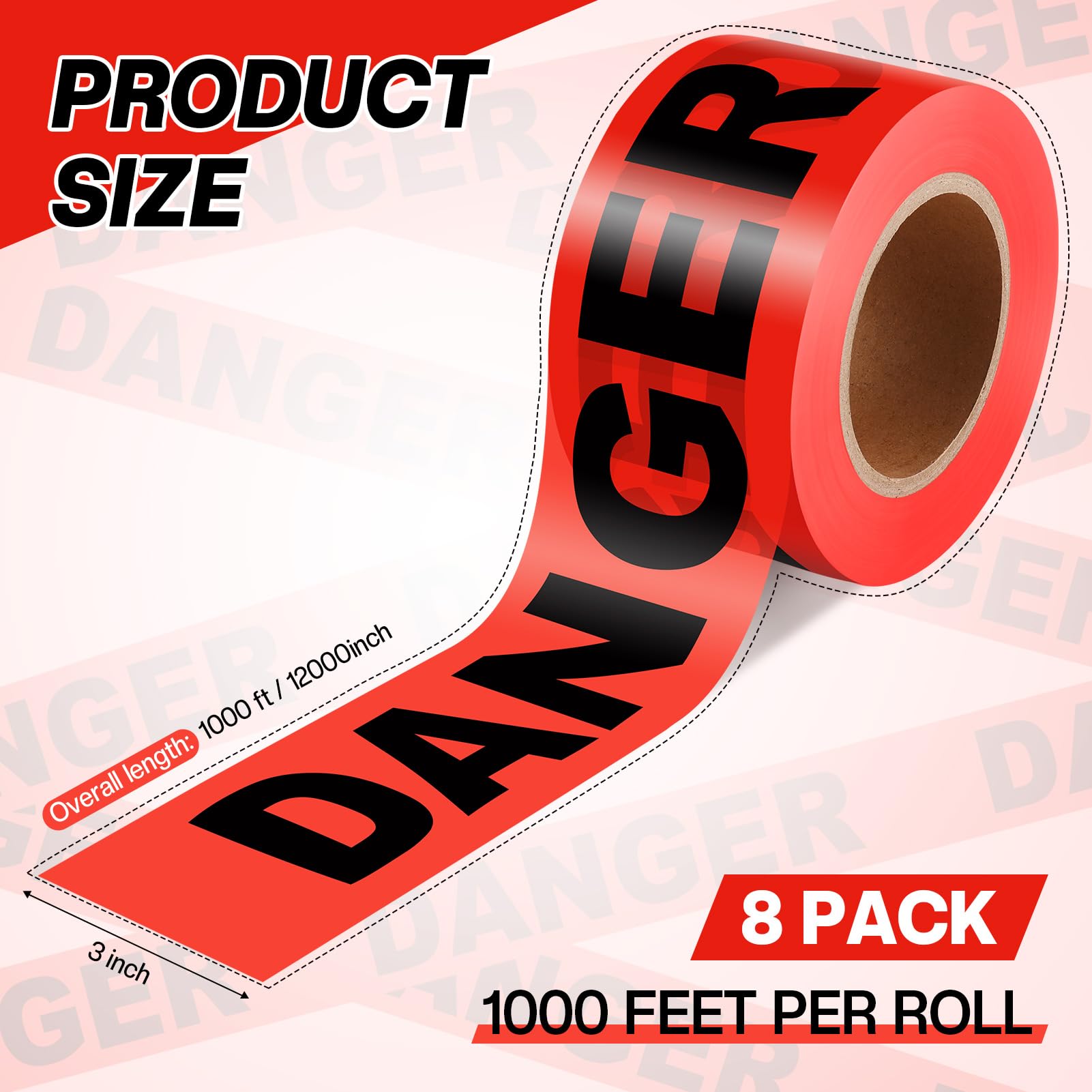 8 rollos de cinta de advertencia de seguridad de 3 pulgadas x 1000 pies, impermeables, resistentes al agua, para construcción, precaución (peligro)