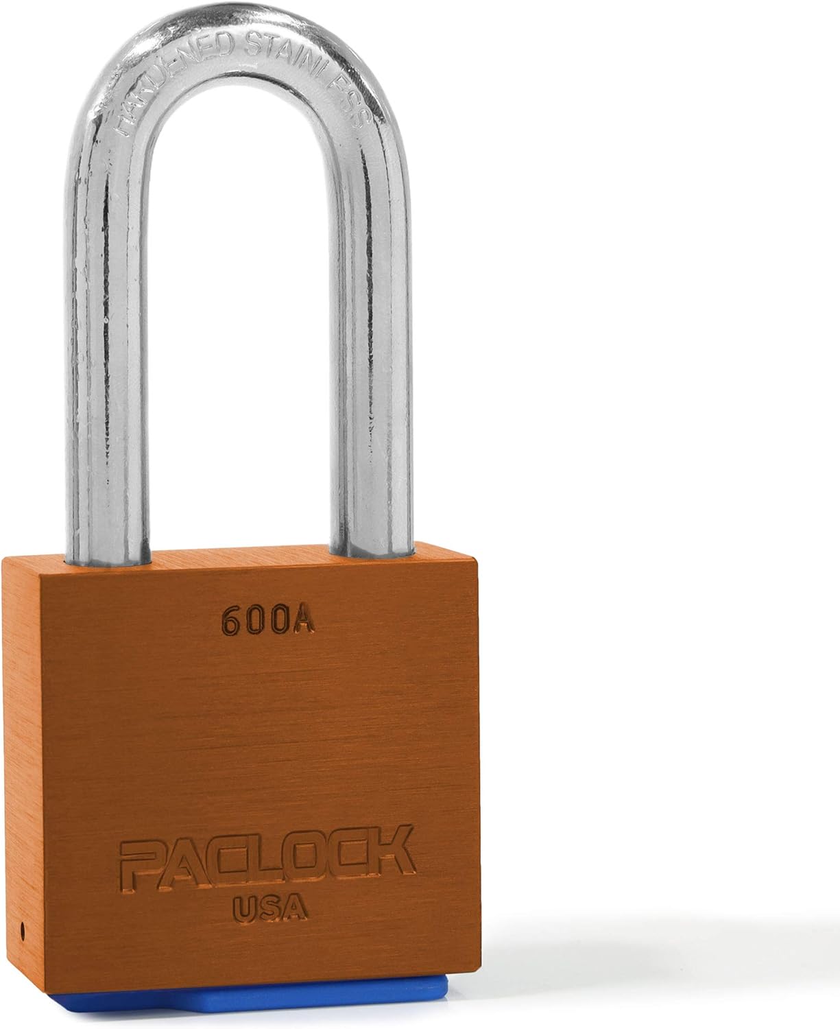 PACLOCK's 600A Series Padlock, Buy American Act Compliant, 2-1/2 Tall Hard. Stainless Steel Shackle, High Security 6-Pin Cylinder, One Lock Keyed to #26539 w/ 2 Keys, Orange Anod. Alum.