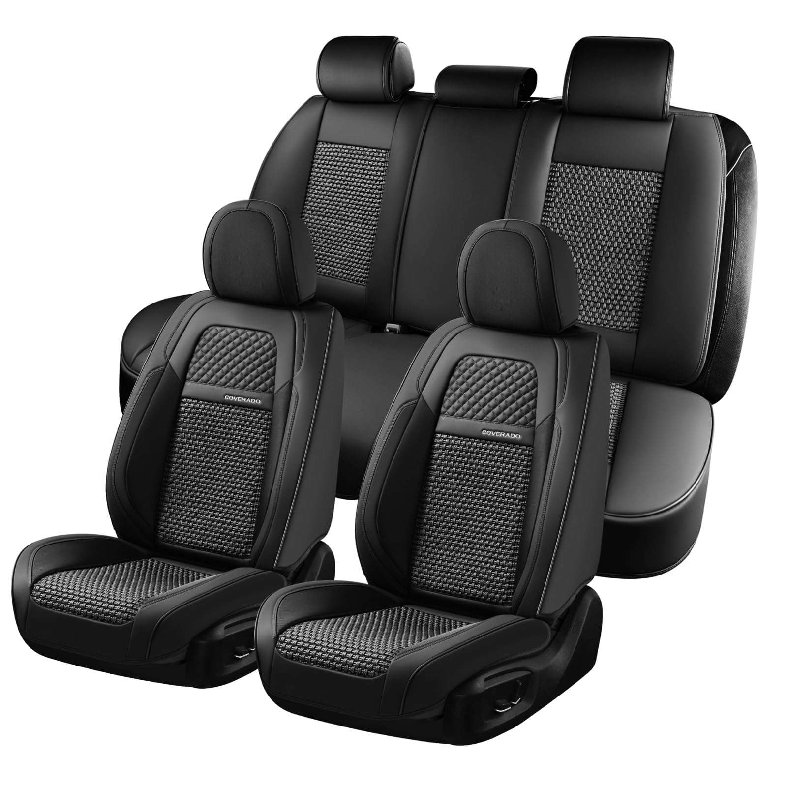 Coverado Car Seat Covers Full Set, 5 Seats Car Seat Protector, Leather Woven Universal Breathable Car Seat Cover Front Seats Back Seats, Car Seat Cushion Fit for Most Vehicles Black