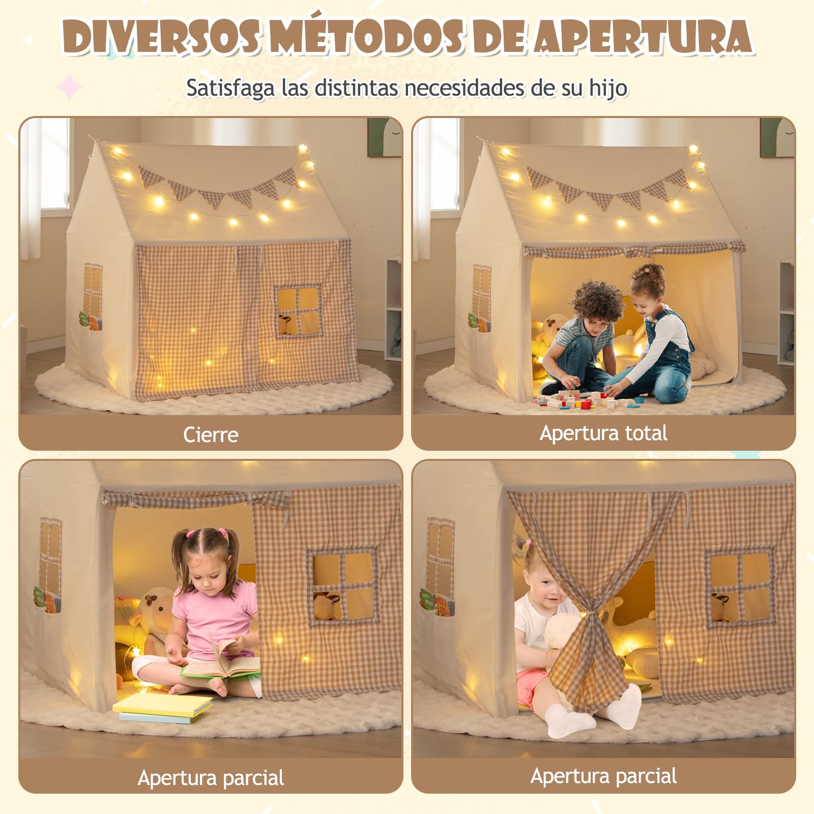 GOPLUS Tienda de Campaña con Tapete Acolchado, Luces de Estrellas y Banderines a Cuadros, para Interiores y Exteriores con Ventanas, Puertas Enrollables Y Bolsillos, para Niños de 3 a 8 Años (Beige)