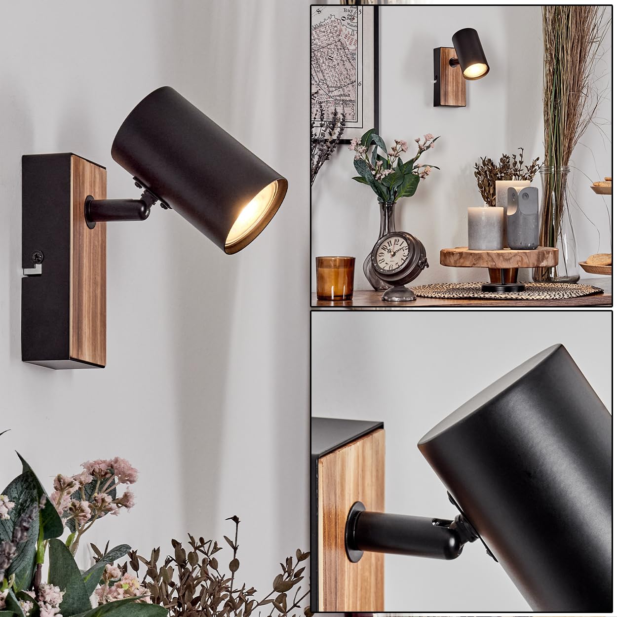 HOFSTEIN lampada da parete Gesteira, in metallo effetto legno/nero, dal design moderno con paralume regolabile (Ø 5,5 cm), GU10, soggiorno, camera letto, cucina, corridoio, scala