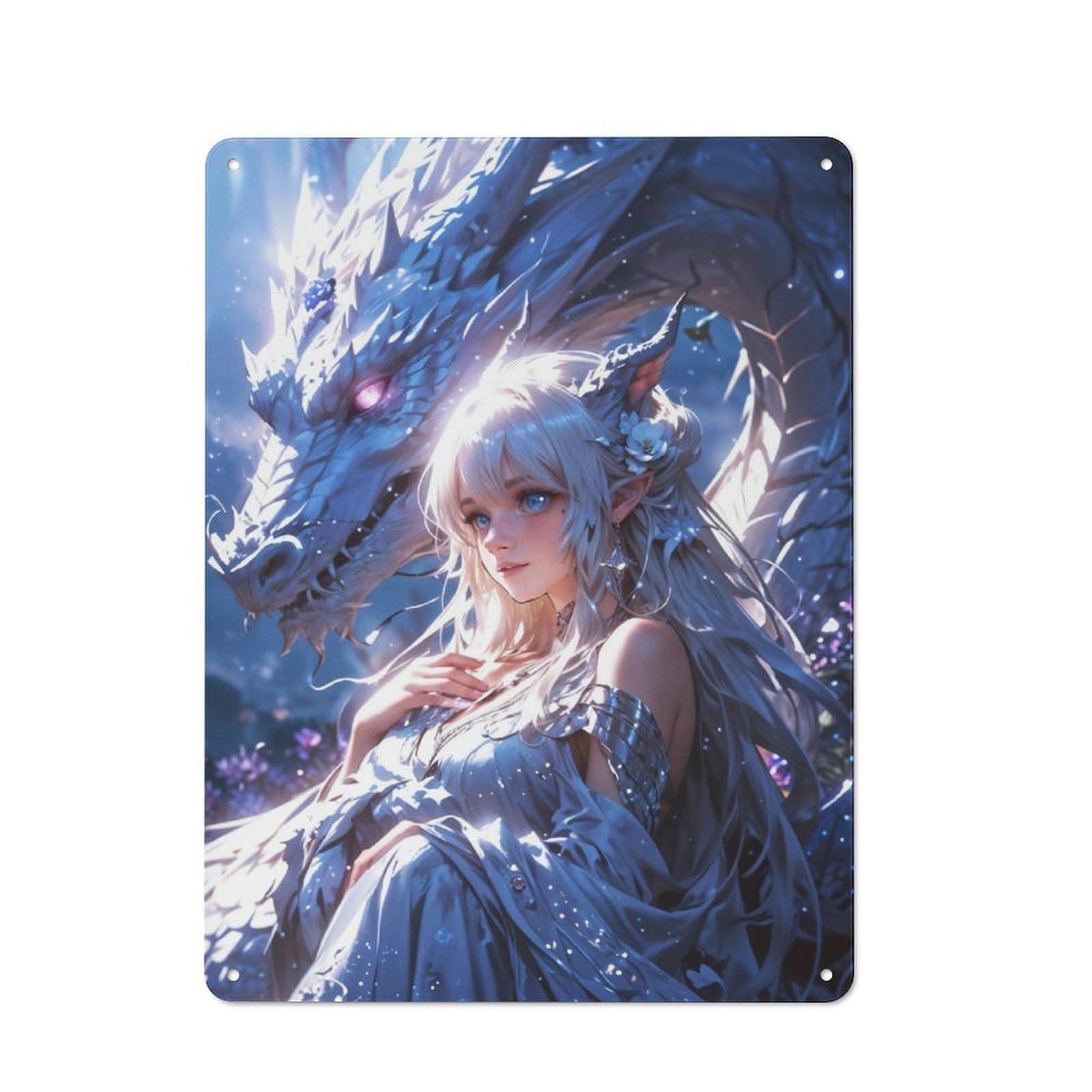 Loft Style Metal Wall Sign 40x30cm Featuring Enchanted Bond Elven Maiden And Mystic Dragon, Studio Wall Art for Loft, Studio, Office Or Creative Room
