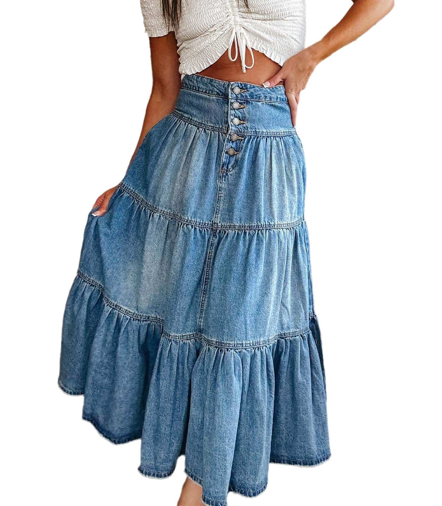 cffvdiz Boho Frauen Lange Jeansrock Vorder-Knopf Hohe Taille Geschichtete Patchwork Kuchen A-Linie Maxi Jean Röcke