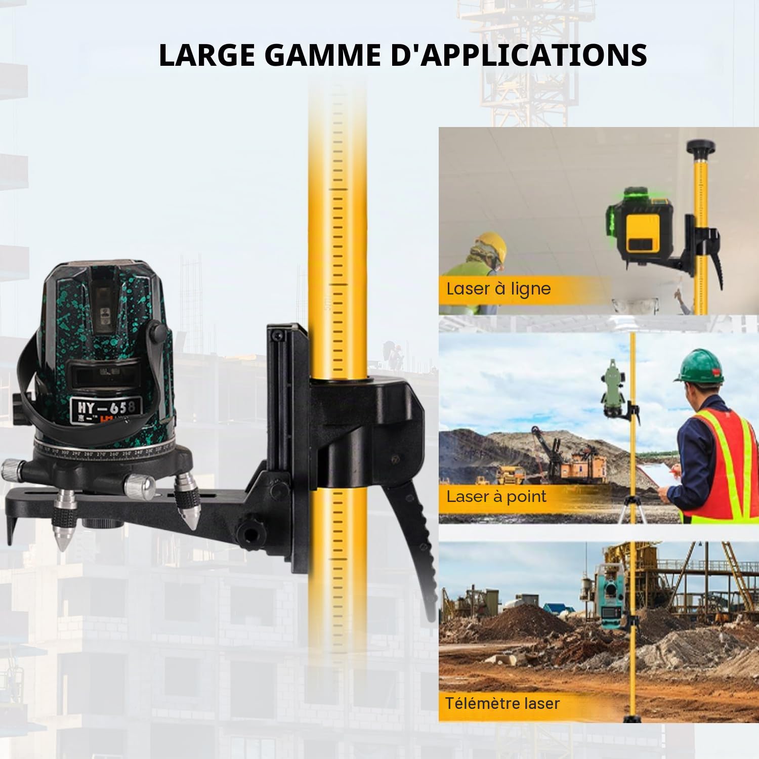 Perche Télescopique 3m/10ft, Trepied Laser avec Réglage Hauteur, Tige Telescopique Niveau Laser 360° Rotation, Support Niveau Laser avec Filetage ExtéRieur 1/4" et Adaptateur de Filetage 5/8"