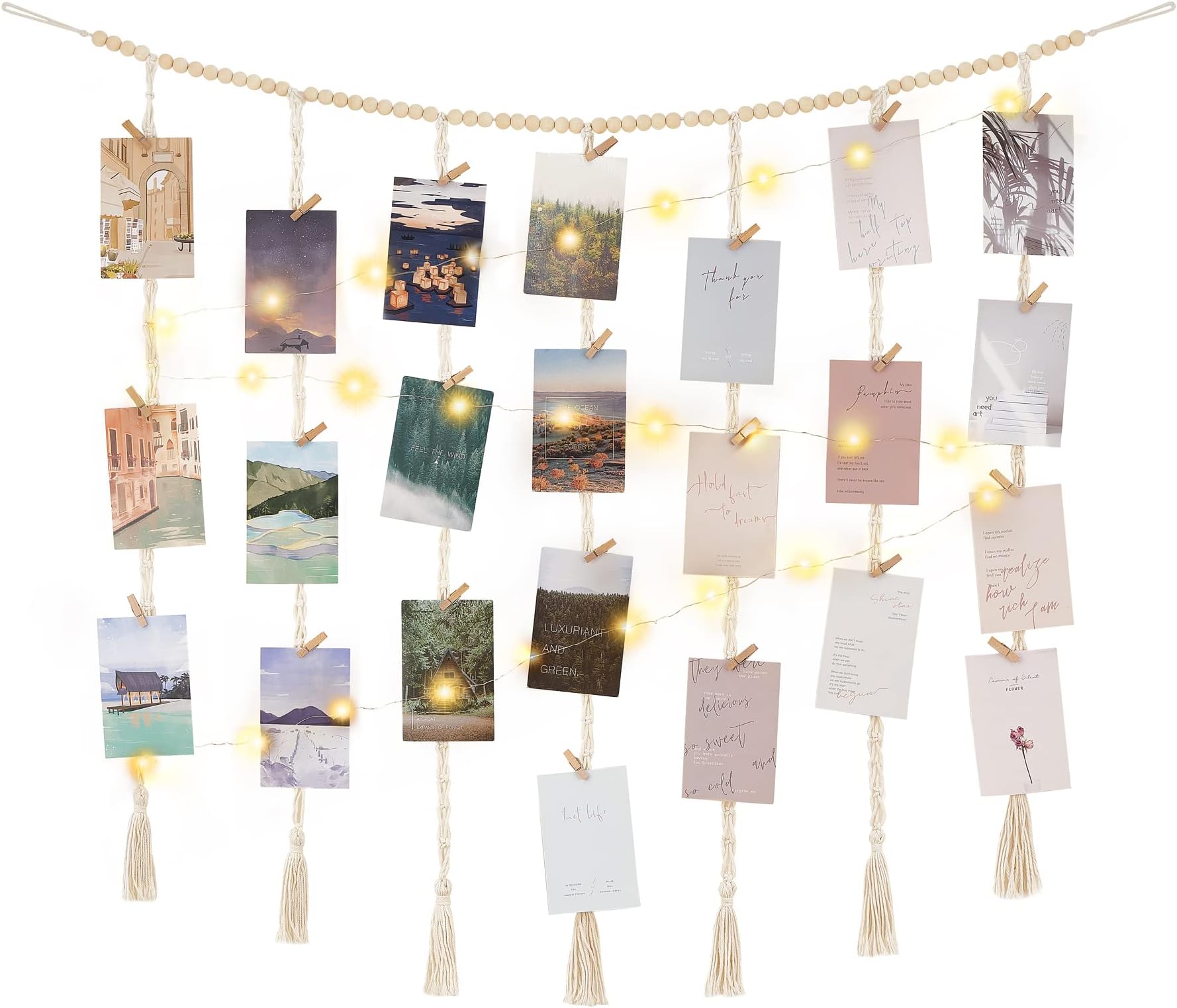 Mkono Macrame Hanging Photo Display Wall Decor with String Lights Boho Wooden Beads Garland Collage Picture Frame Holder with 45 Wood Clips for Bedroom, Living Room, Nursery Dorm, Teen Girl Gifts