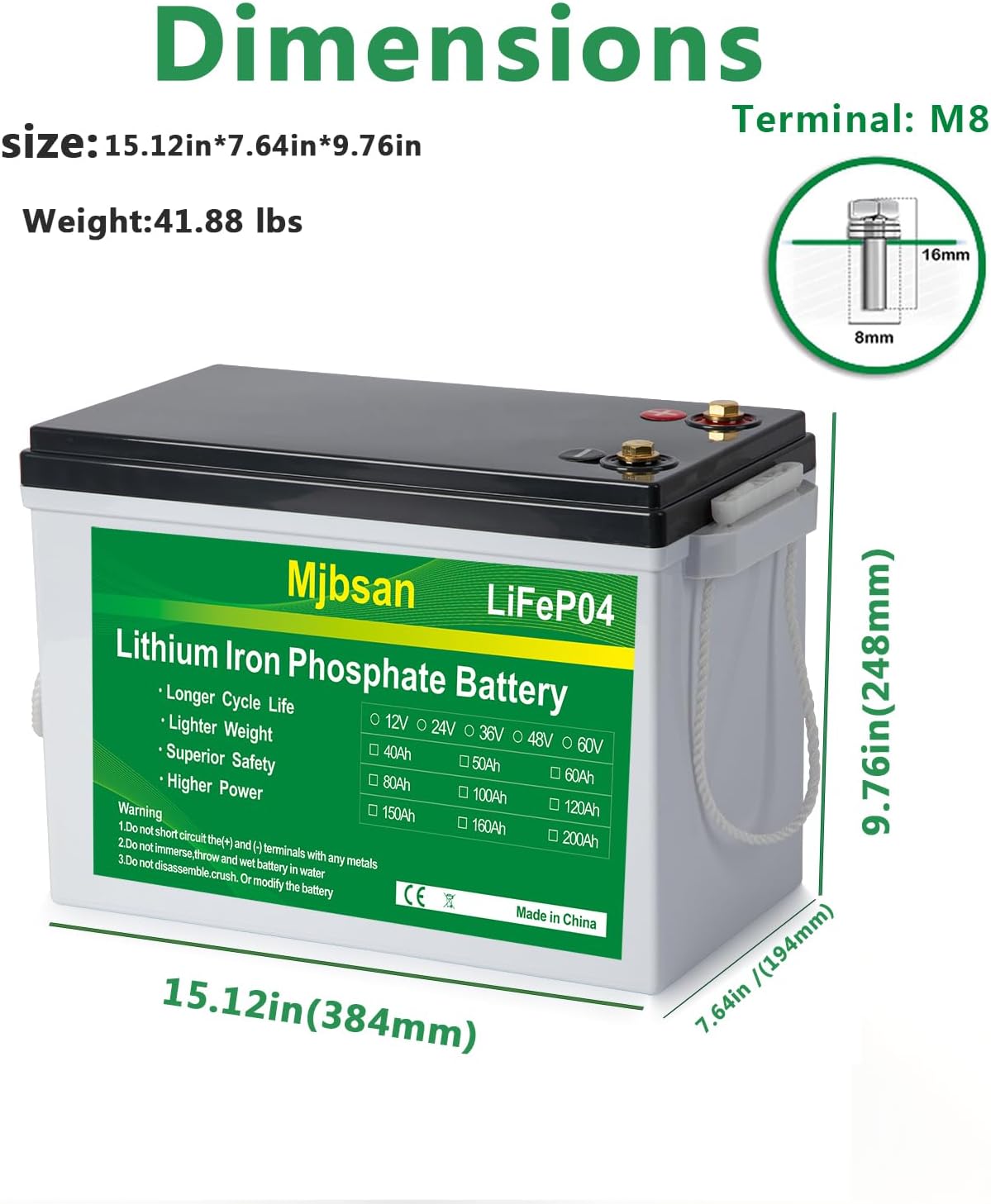 Mjbsan 24V 100Ah LiFePO4 Lithium Battery, Built-in 100A BMS, 5000+ Deep Cycles Lithium Batteries, 10-Year Lifespan,Max. 2560W Load Power, Perfect for RV, Marine, Trolling Motor, Solar Off-Grid System