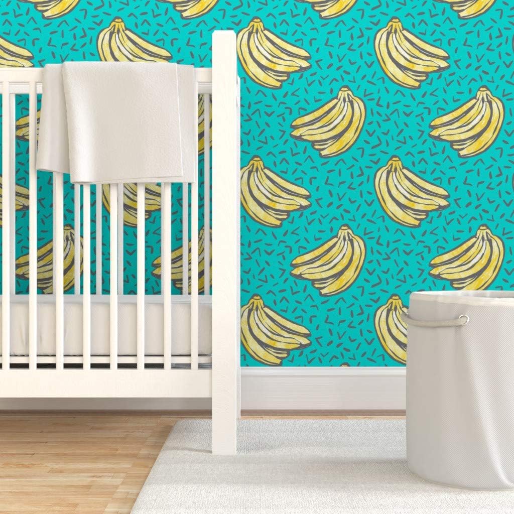 Peel & Stick Wallpaper Swatch - Teal Small Scale Pattern Turquoise Blue Bananas Memphis Watercolor 80S Retro Custom Removable Wallpaper by Spoonflower