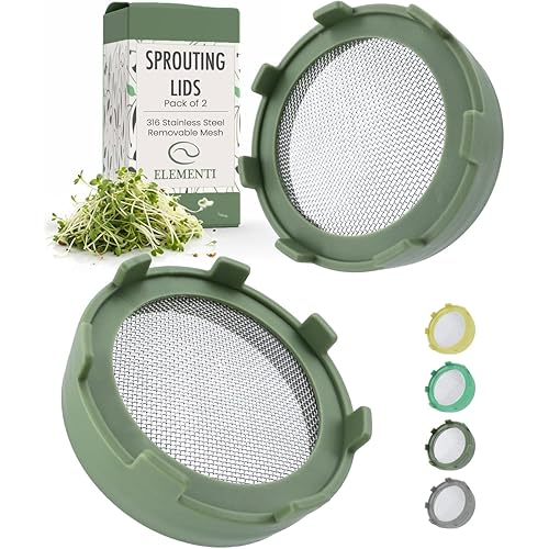 Elementi Sprouts Growing Kit for Wide Mouth Mason Jars, Set of 2 Sprouting Lids for Organic Alfalfa & Mung Bean Sprouts Grow Kit, 316 Stainless Steel Mesh Screen Strainer Lid (Sage Green)