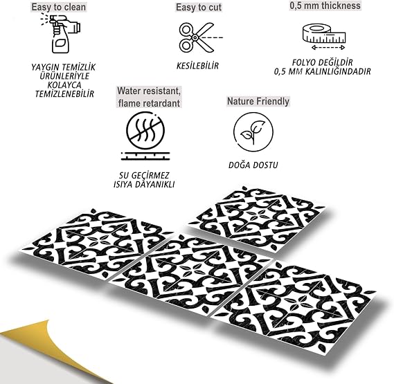 Tink Kendinden Yapışkanlı Fayans Çıkartması, Zemin Duvar Kaplama, Yapışkanlı Fayans Kaplama PVC Karo Hatayi Desenli 30x30 cm (11 ADET) 1 m²