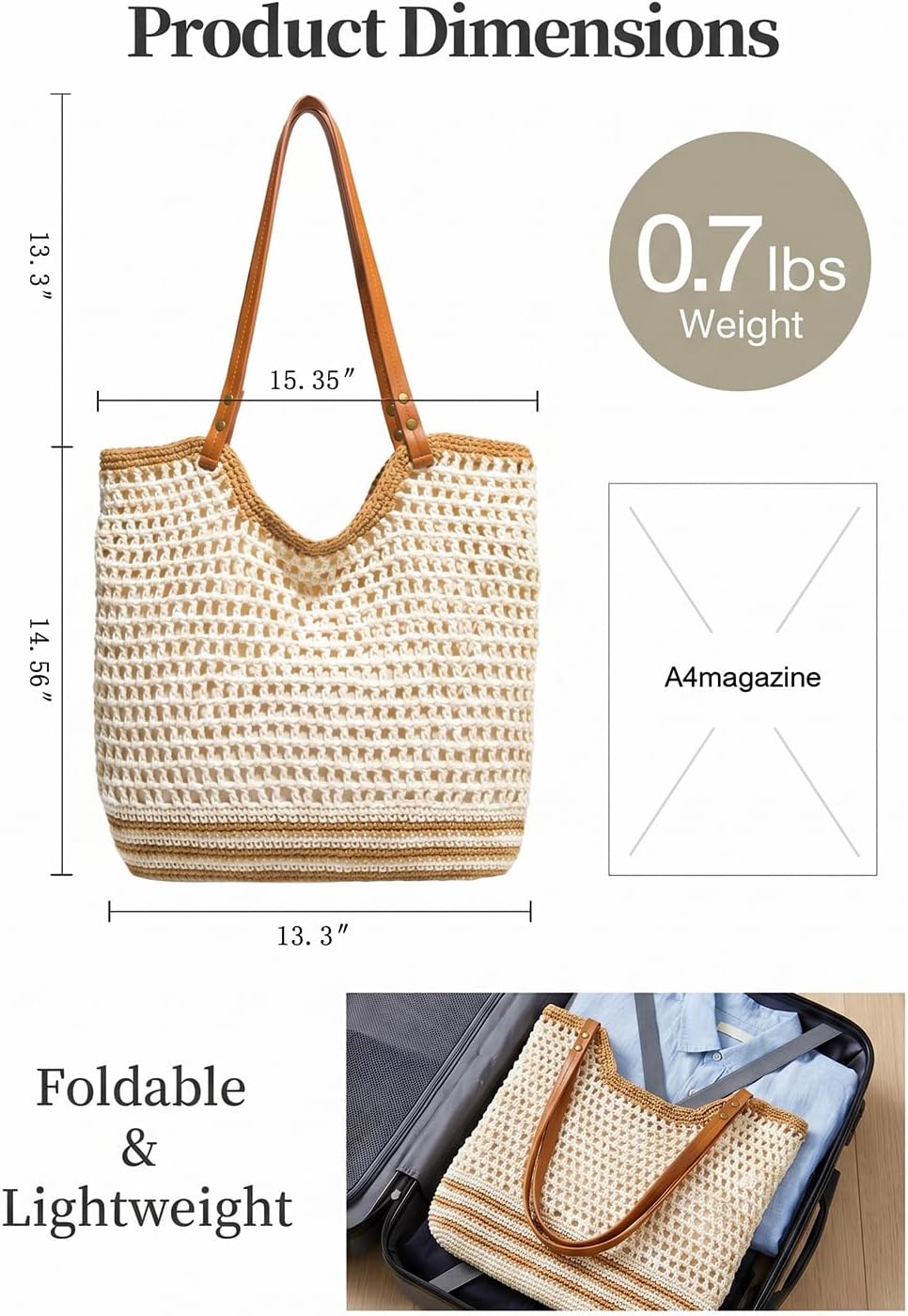 Crochet Beach Bags for Women, Summer Woven Boho Tote Bag with Zipper Lining, Shoulder Handbag Purse for Vacation