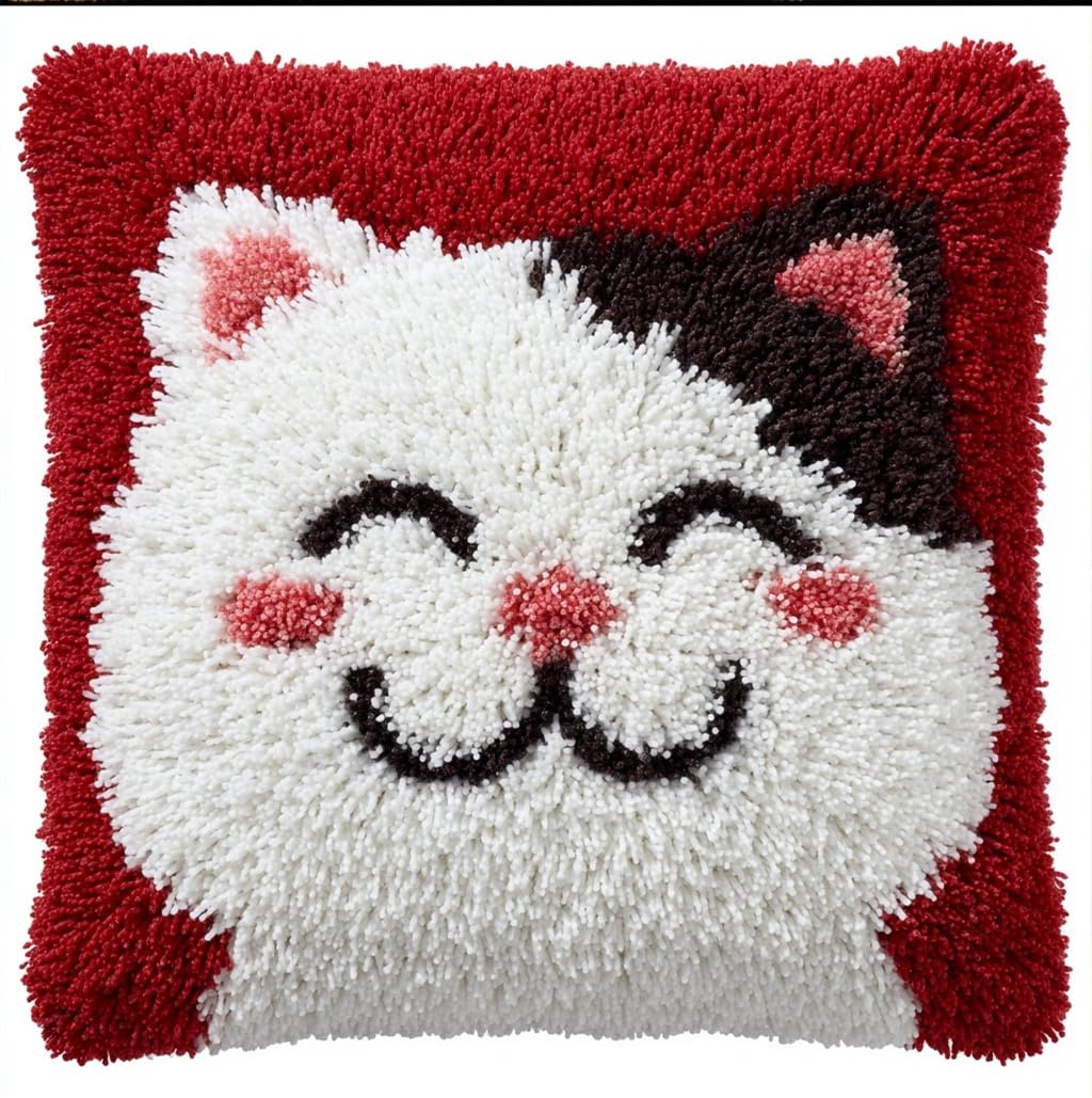 Taxpy Latch Hook Kit for Adults,Smiling Cat Latch Hook Pillow Case Kits, DIY Cushion Kit 17X17Inch, Cross Stitch Embroidery Kits Cover Home Decor 43X43Cm