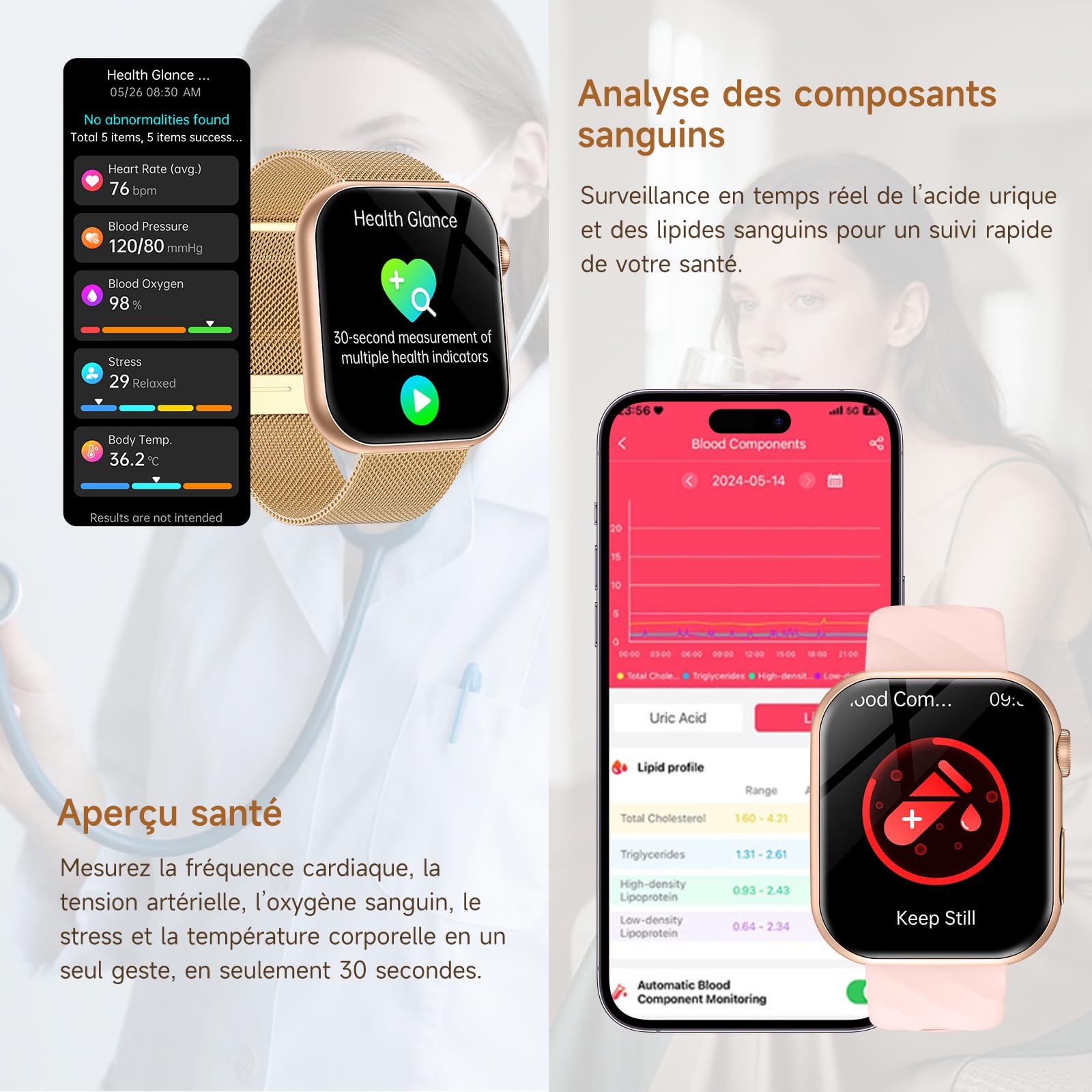 Marsyu 2026 Montre Connectée Femme ECG/HRV/Pressιon Artérιelle/IMC/Sommeil